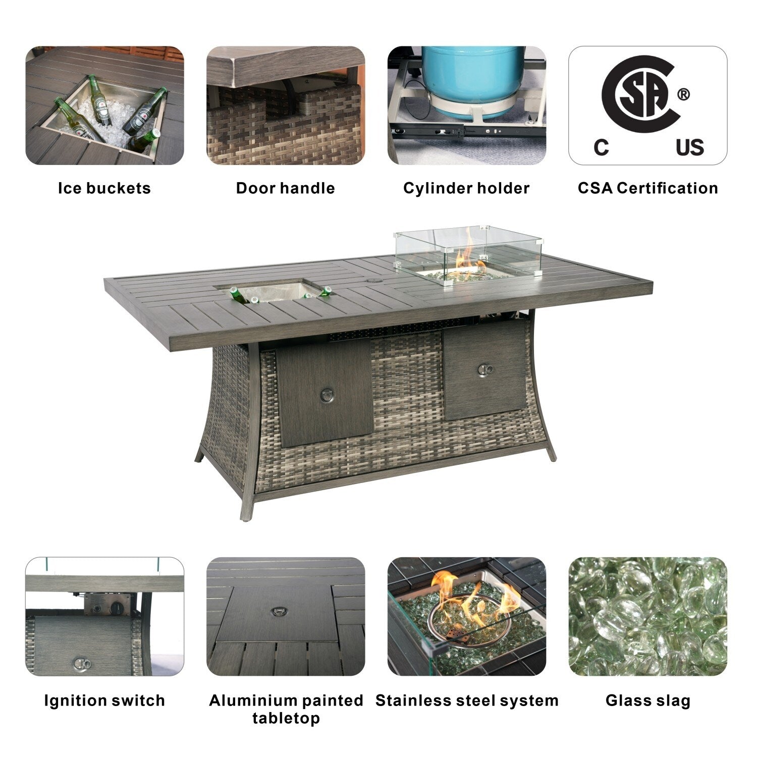 Ensemble de canapés de patio 7 pièces avec foyer et table à manger avec bac à glaçons