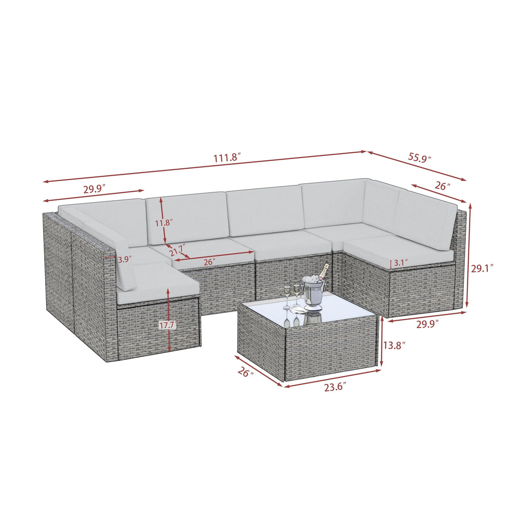 Ensemble de patio en osier 7 pièces avec canapé sectionnel en rotin et coussins