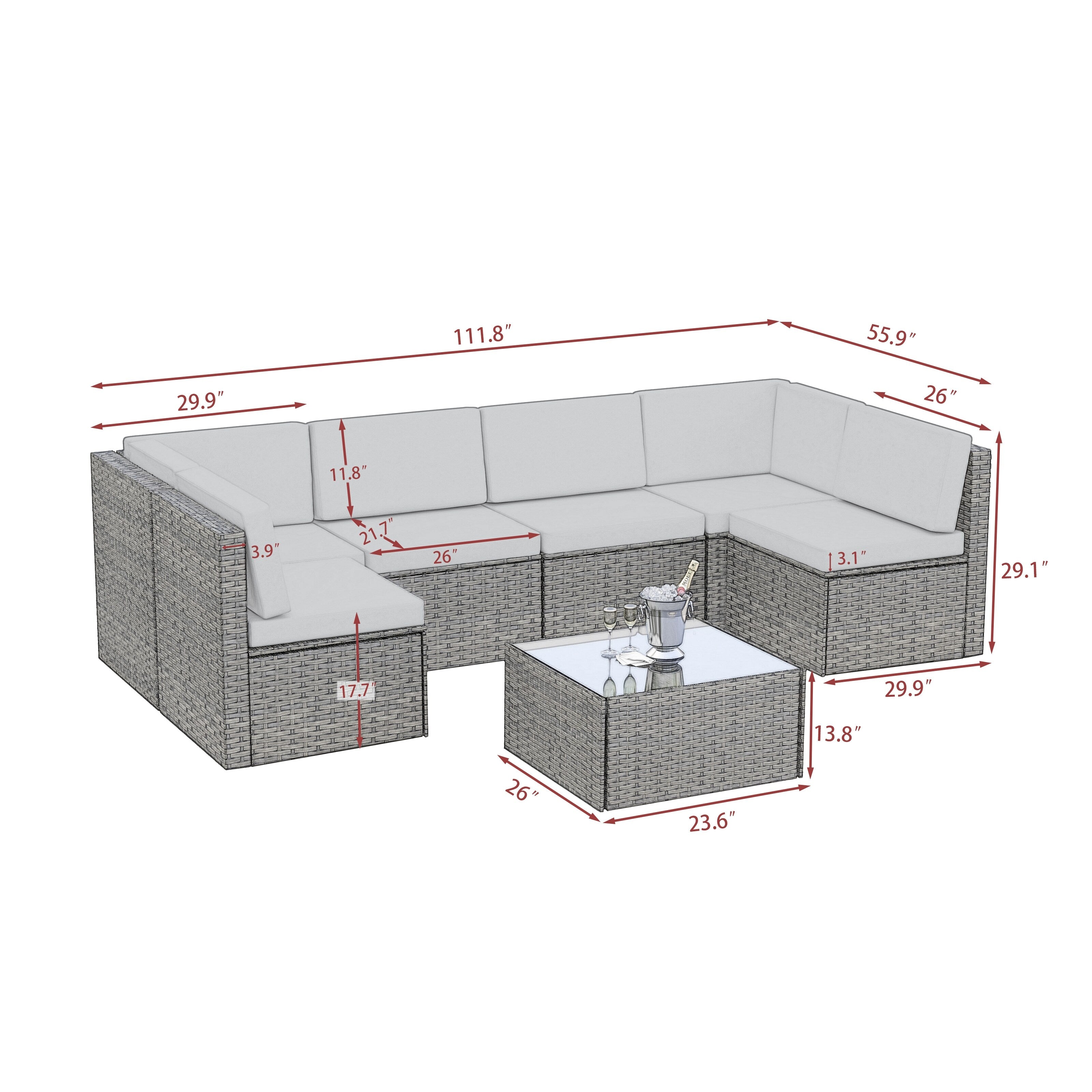 Ensemble de patio en osier 7 pièces avec canapé sectionnel en rotin et coussins