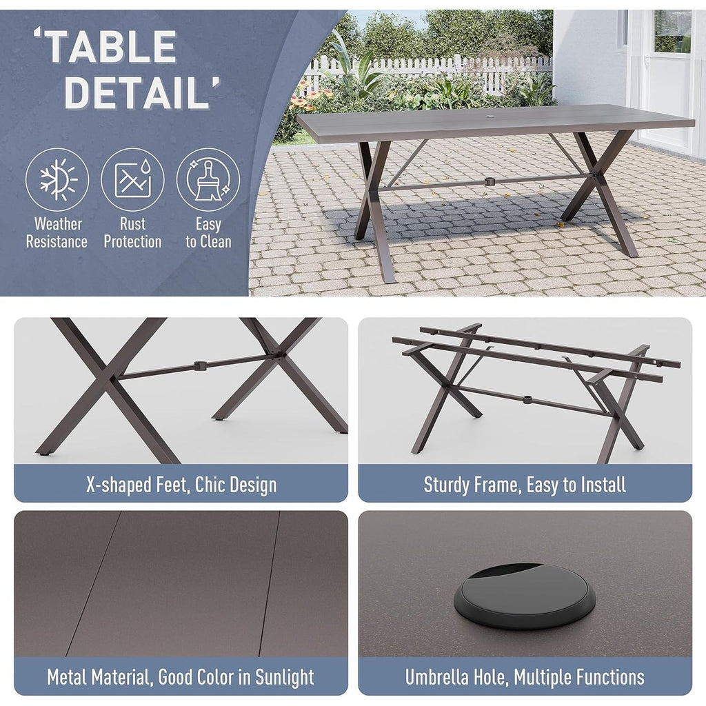 Ensemble de salle à manger d'extérieur 7 pièces avec table à pieds en X et chaises pivotantes