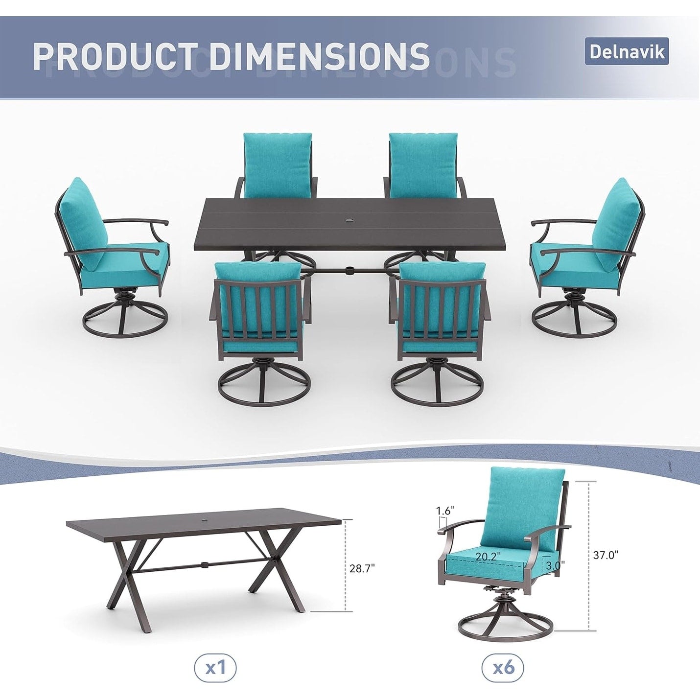 Ensemble de salle à manger d'extérieur 7 pièces avec table à pieds en X et chaises pivotantes
