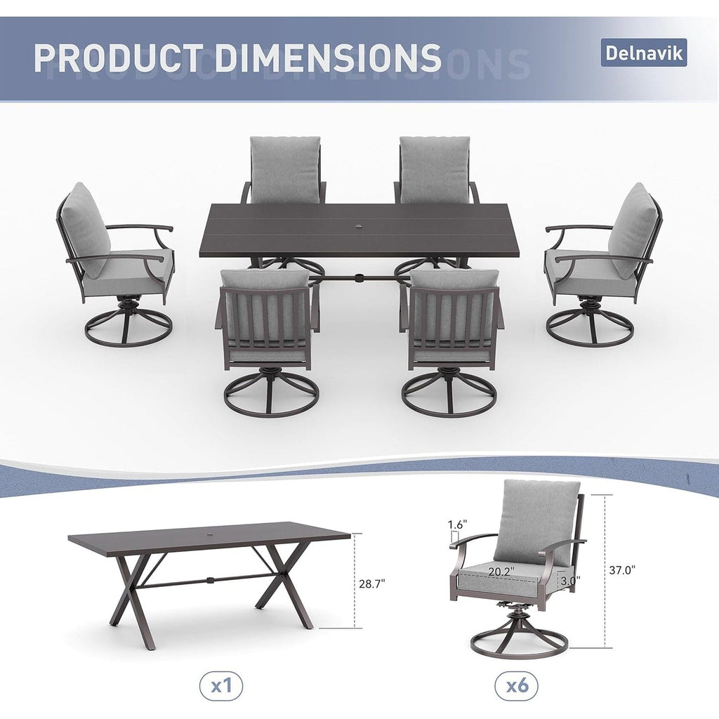 Ensemble de salle à manger d'extérieur 7 pièces avec table à pieds en X et chaises pivotantes