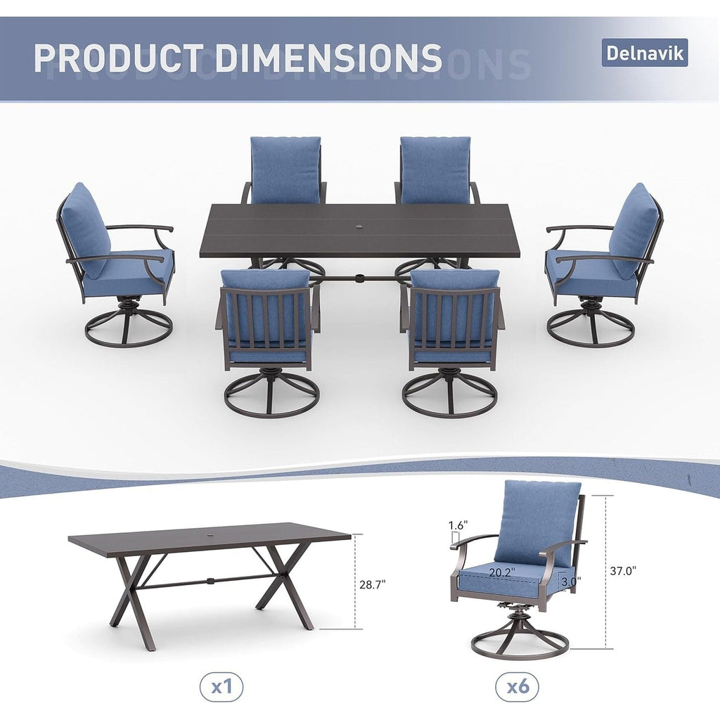 Ensemble de salle à manger d'extérieur 7 pièces avec table à pieds en X et chaises pivotantes