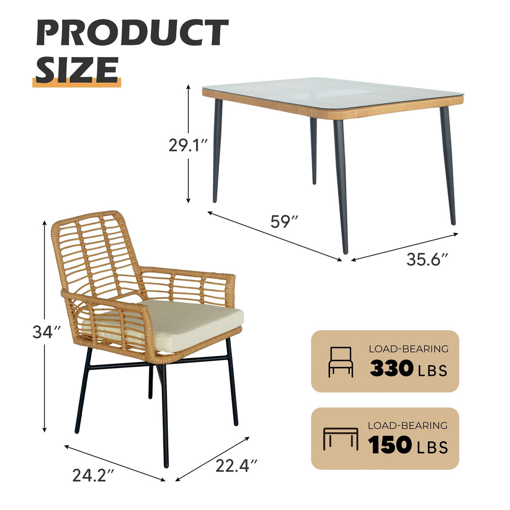Ensemble de salle à manger de patio 7 pièces, table à manger d'extérieur en osier avec coussins amovibles pour pelouse, jardin et arrière-cour