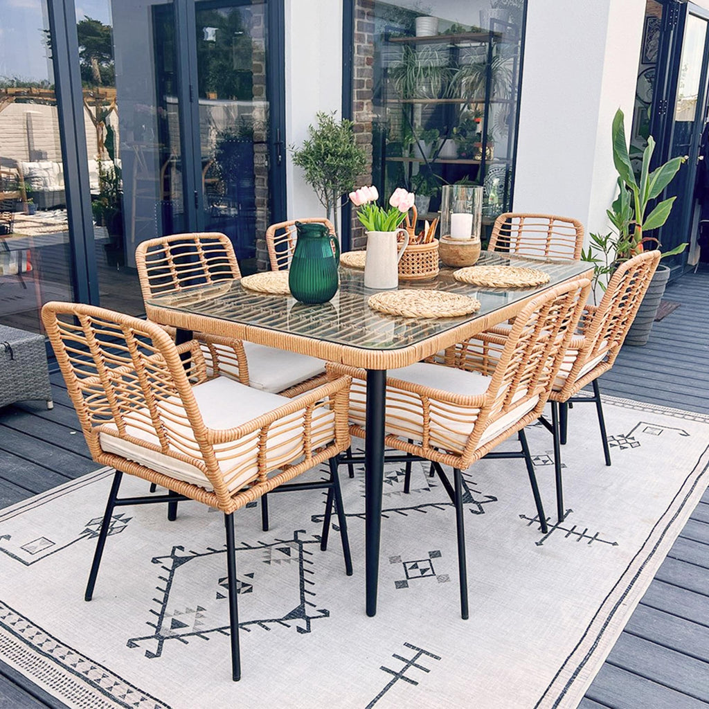 Ensemble de salle à manger de patio 7 pièces, table à manger d'extérieur en osier avec coussins amovibles pour pelouse, jardin et arrière-cour