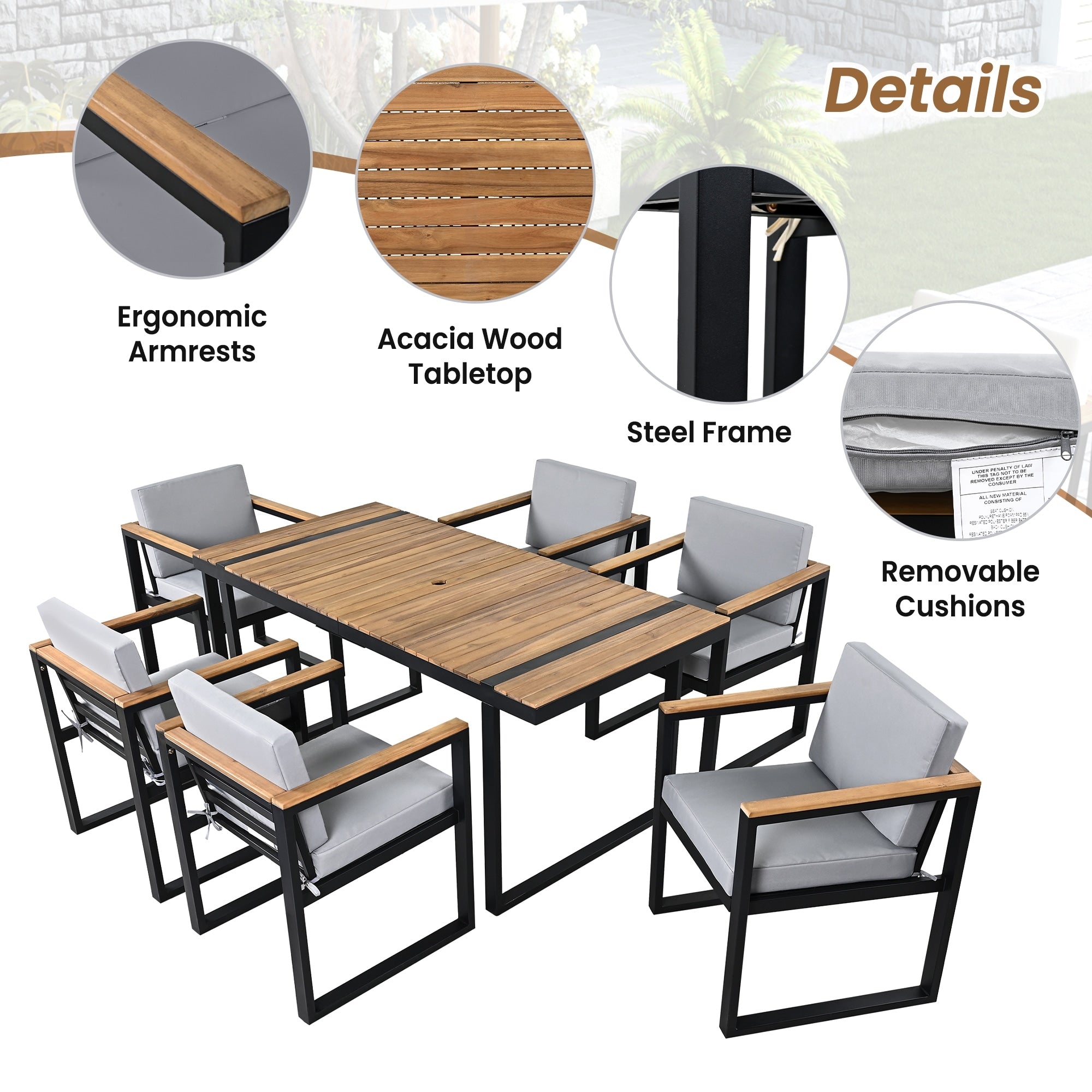 Ensemble table et chaises de patio 7 pièces avec coussins amovibles