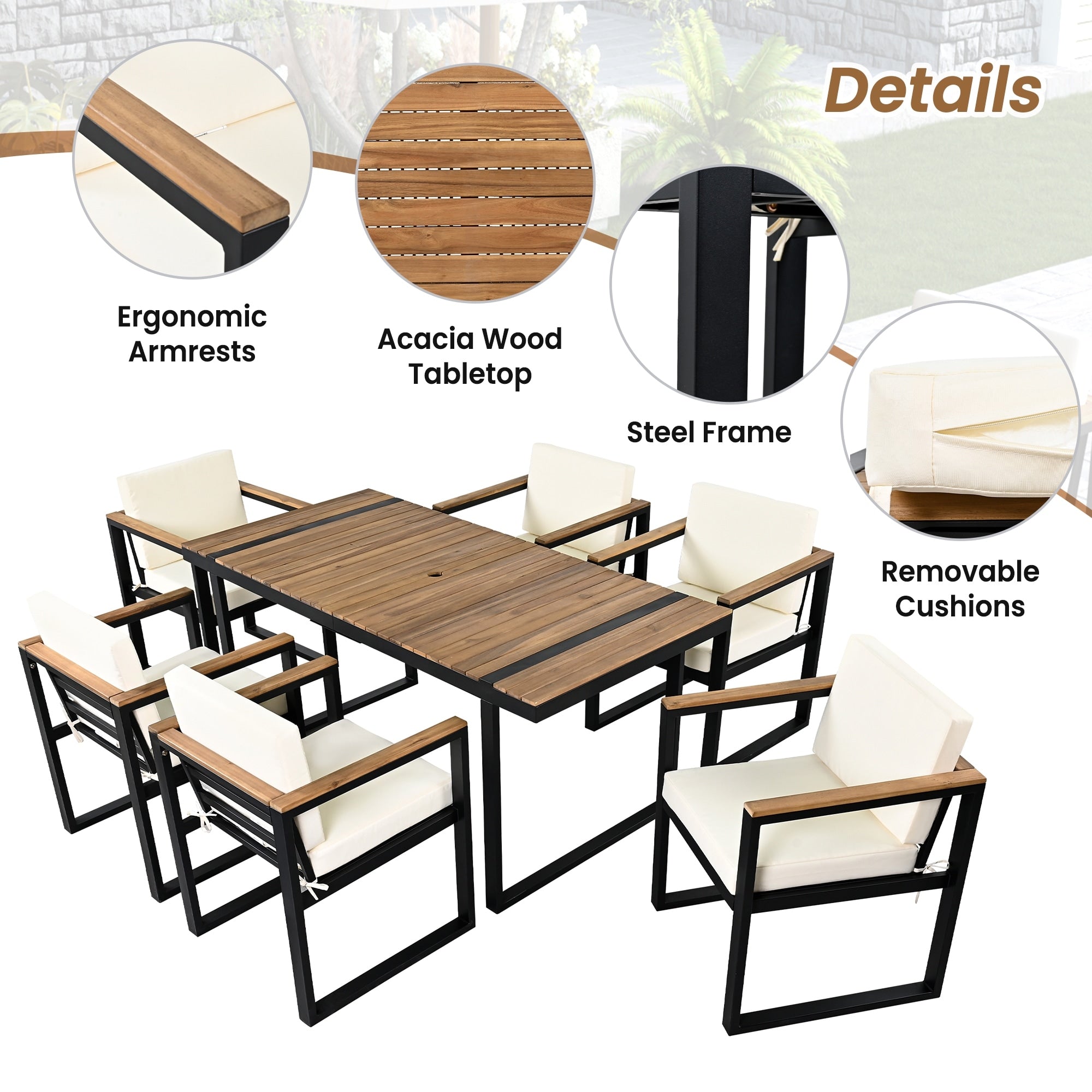 Ensemble table et chaises de patio 7 pièces avec coussins amovibles