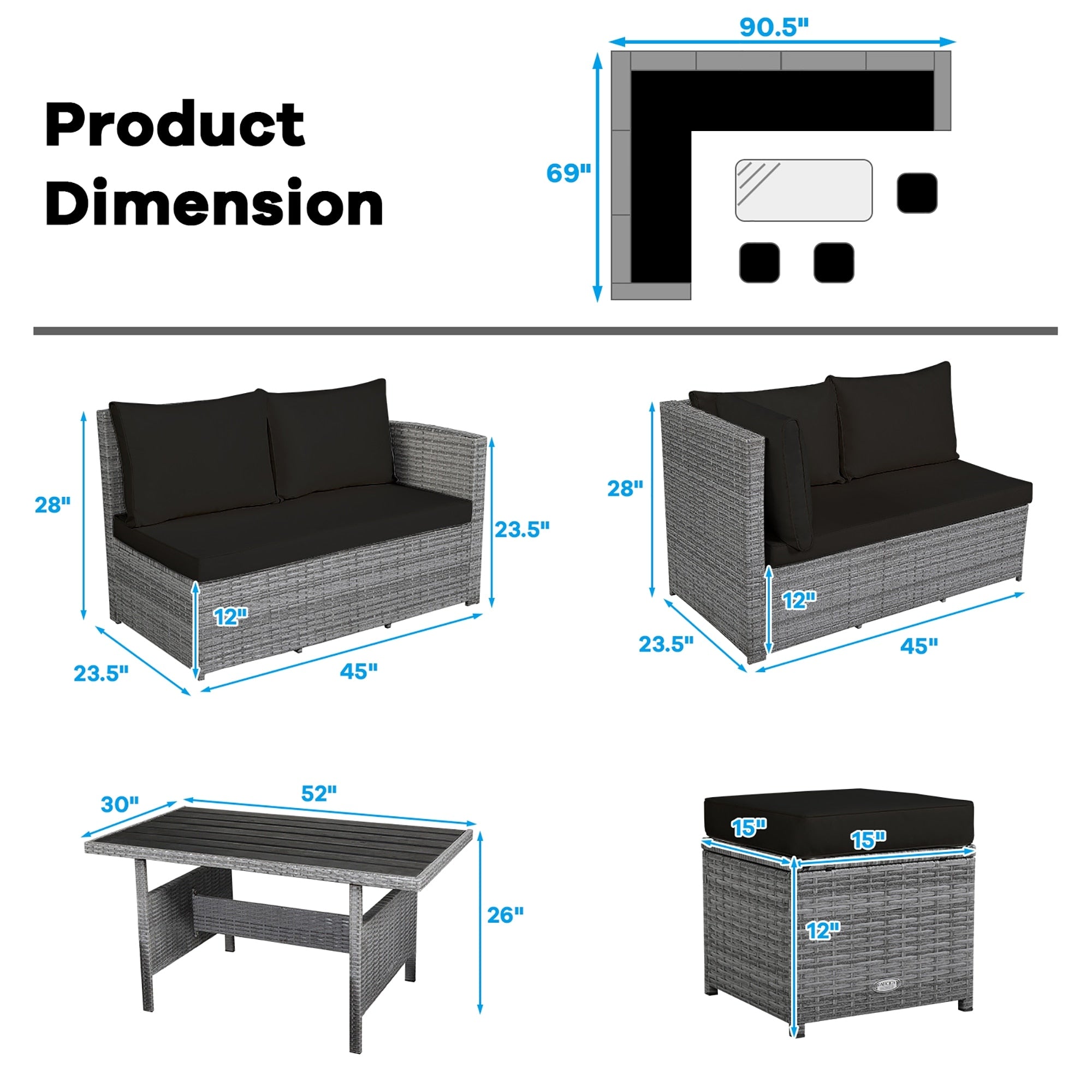 Ensemble de meubles de patio d'extérieur en rotin 7 pièces