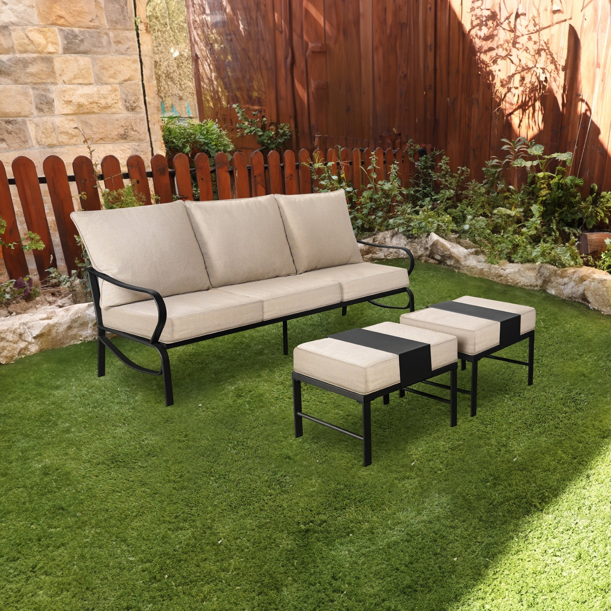 Ensemble de conversation extérieur 7 places pour patio, canapé d'extérieur avec poufs