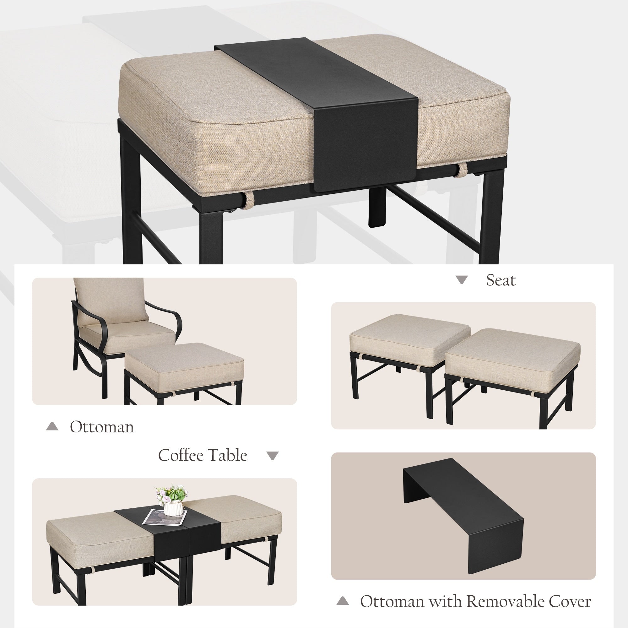 Ensemble de conversation extérieur 7 places pour patio, canapé d'extérieur avec poufs