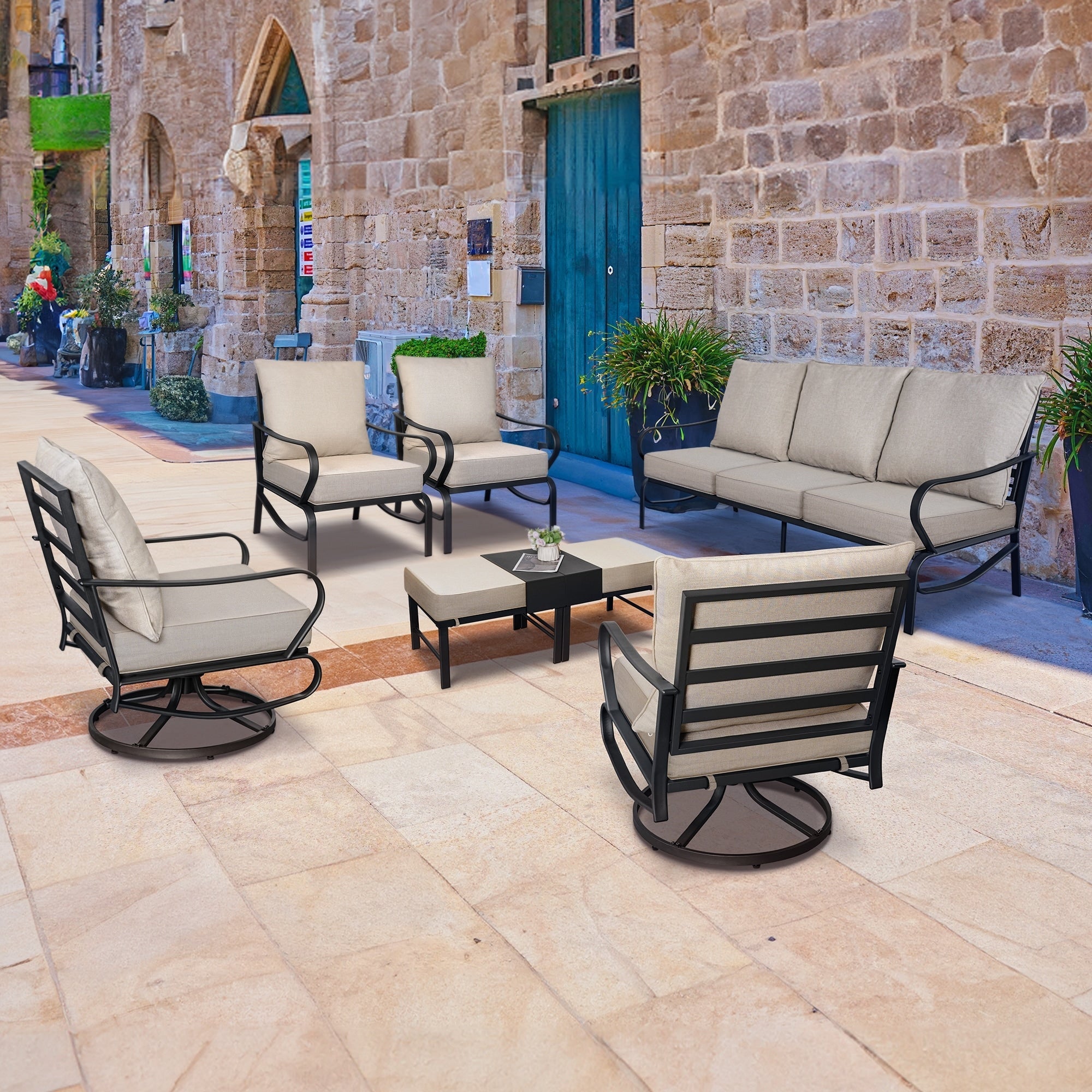 Ensemble de conversation extérieur 7 places pour patio, canapé d'extérieur avec poufs