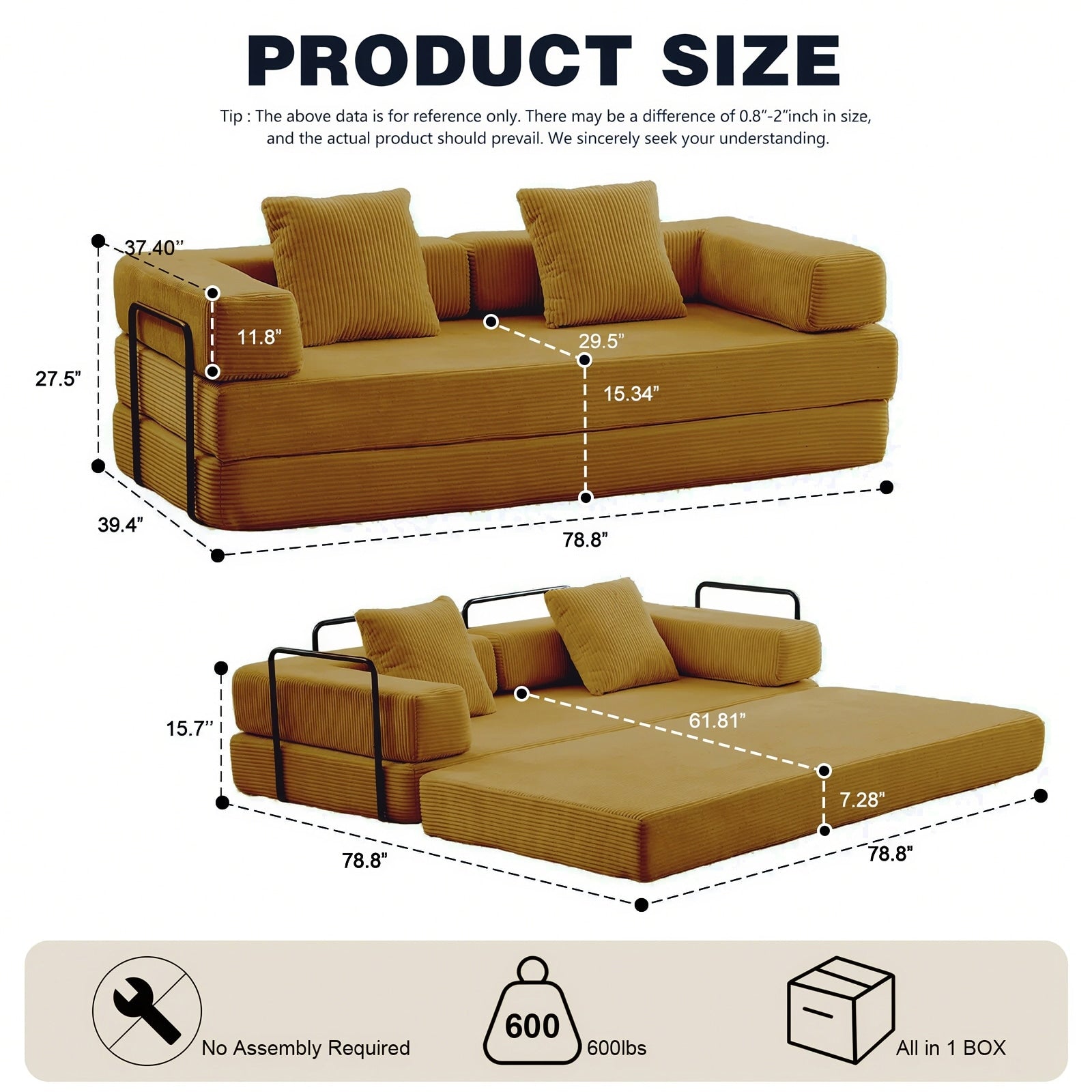 Canapé-lit convertible de 78,8 cm avec coussin de soutien dorsal et accoudoirs