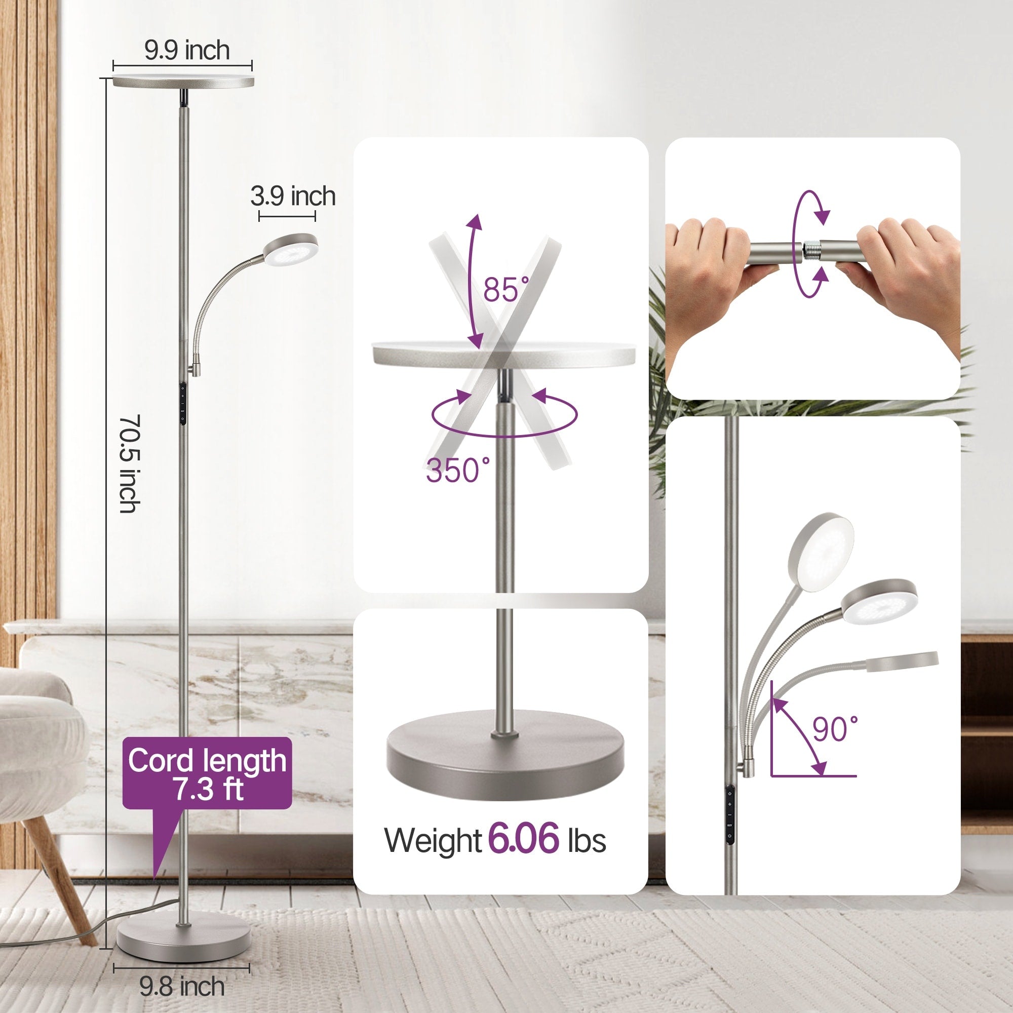 Lampadaire torche à 70 LED avec commande tactile et télécommande - N/A