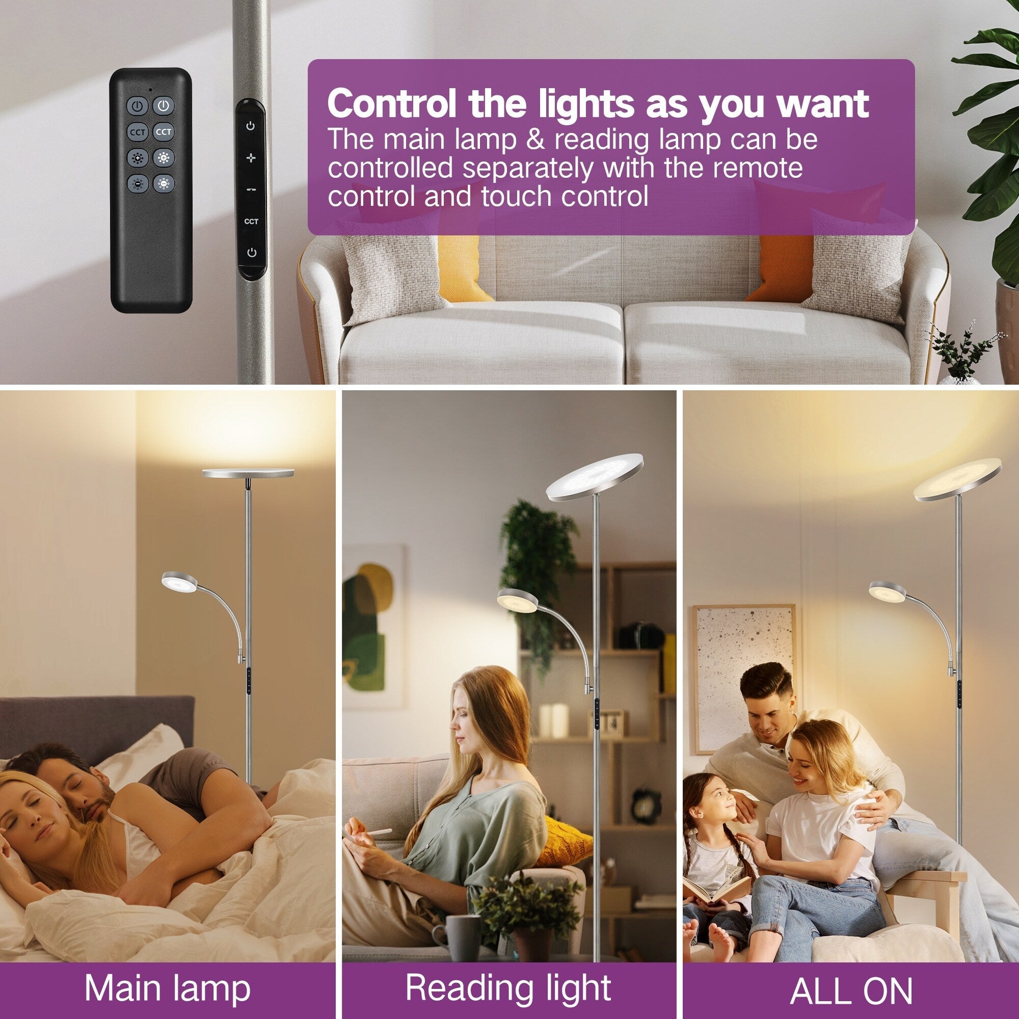 Lampadaire torche à 70 LED avec commande tactile et télécommande - N/A