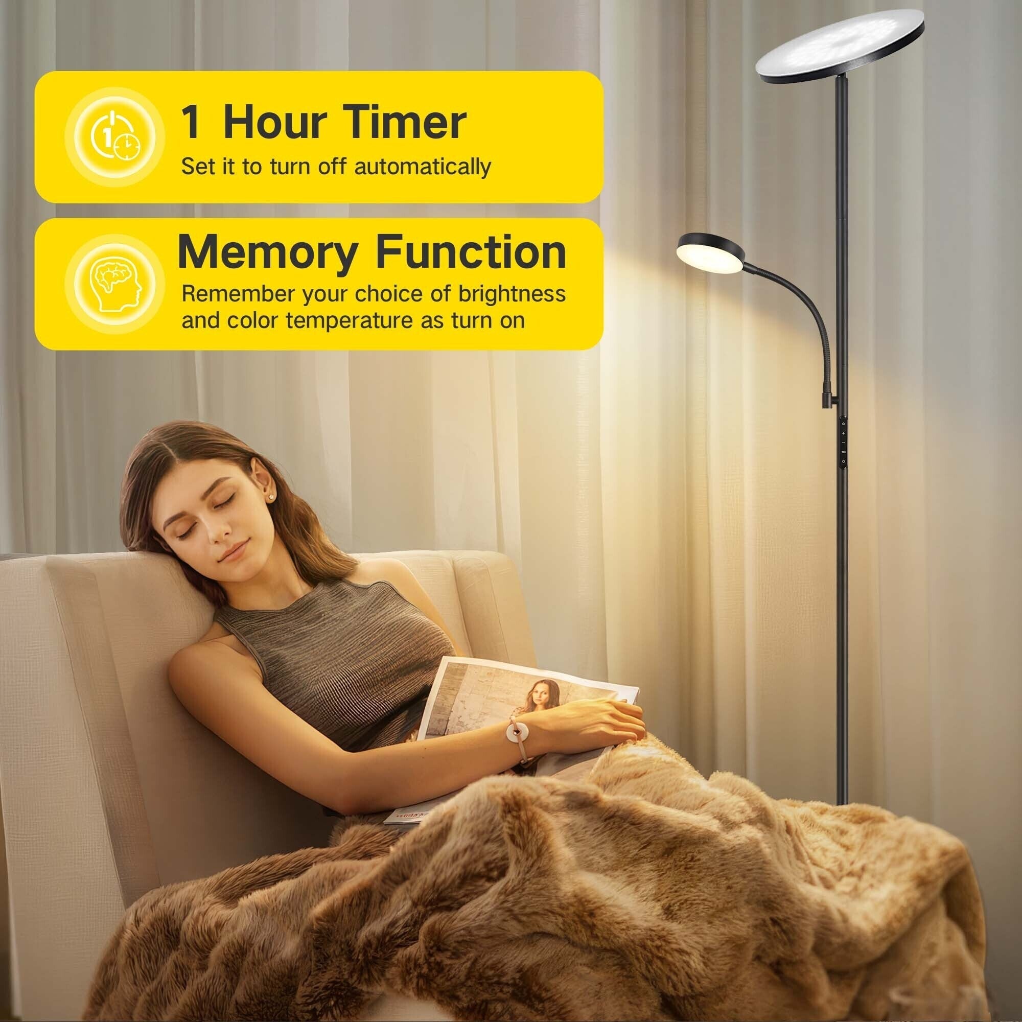 Lampadaire torche à 70 LED avec commande tactile et télécommande - N/A