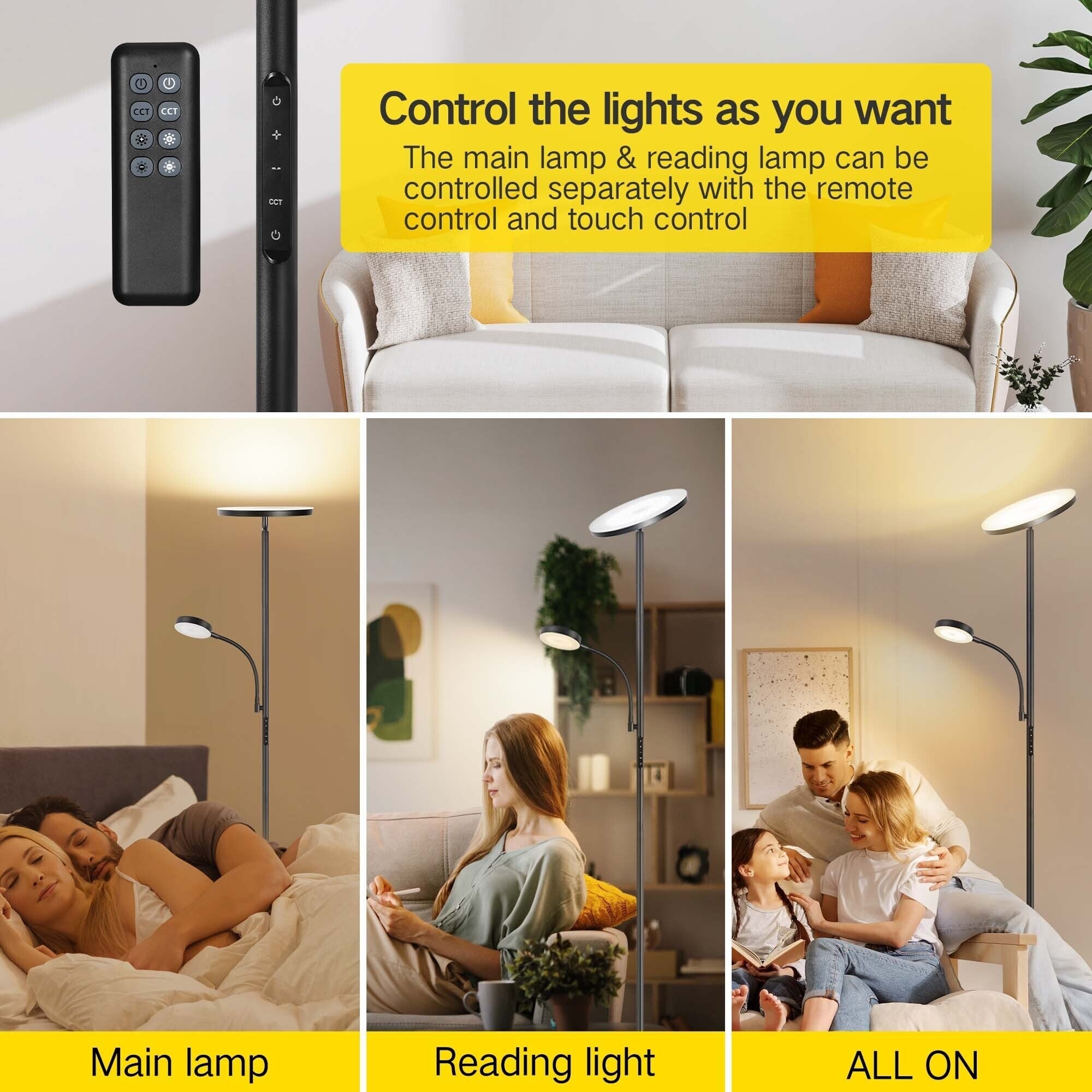 Lampadaire torche à 70 LED avec commande tactile et télécommande - N/A