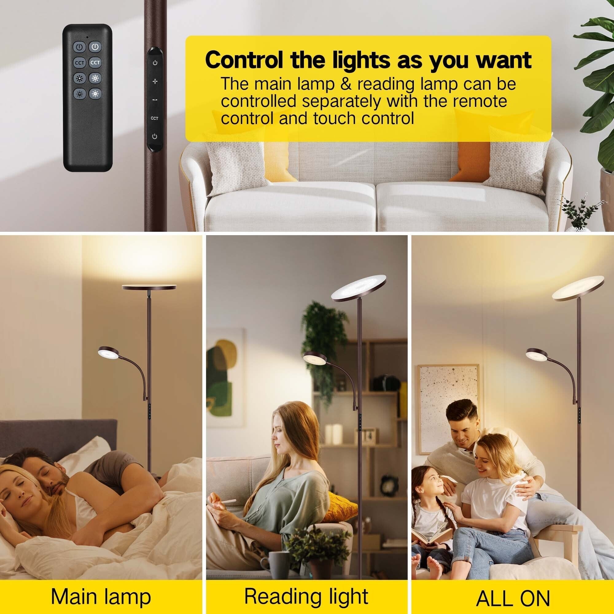 Lampadaire torche à 70 LED avec commande tactile et télécommande - N/A