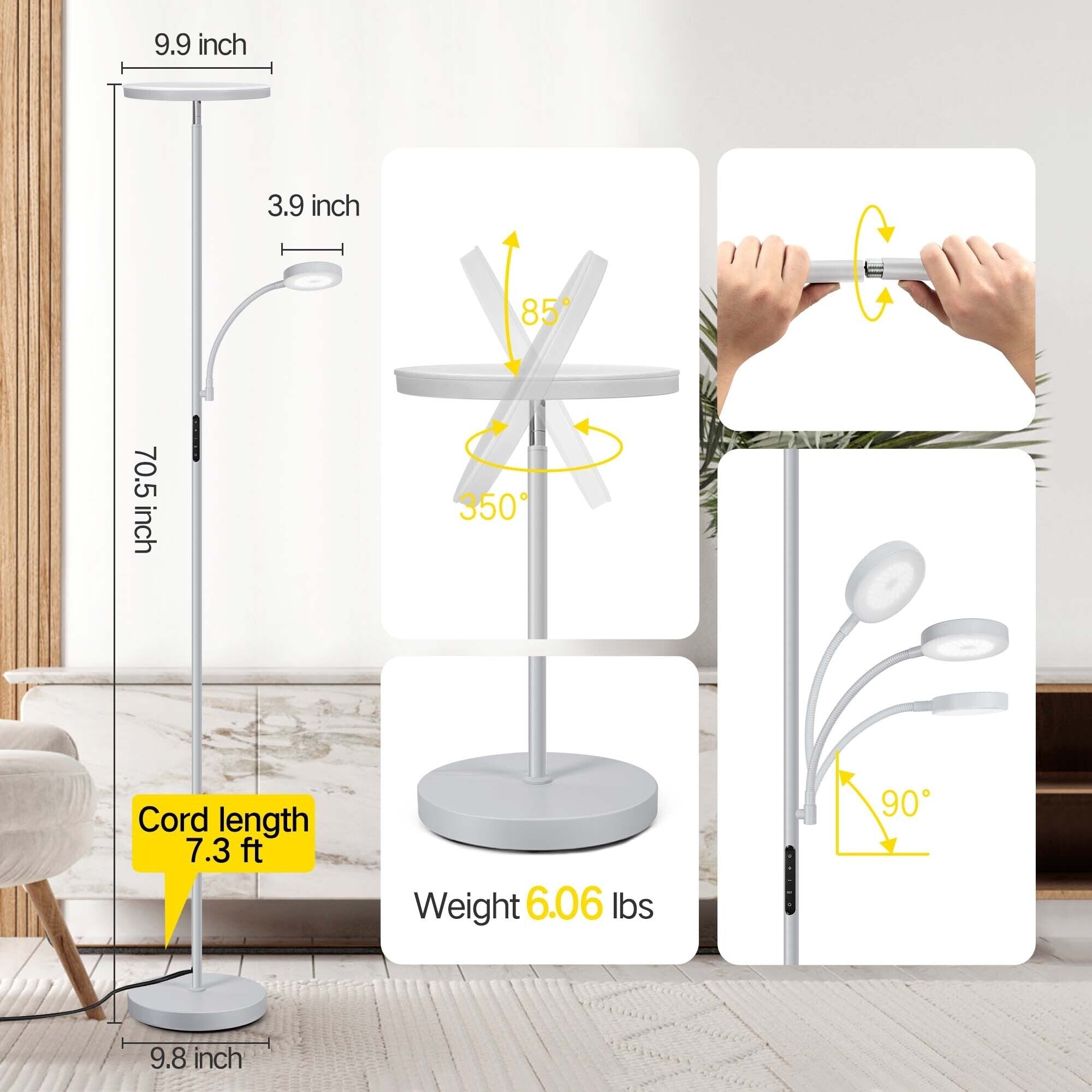 Lampadaire torche à 70 LED avec commande tactile et télécommande - N/A