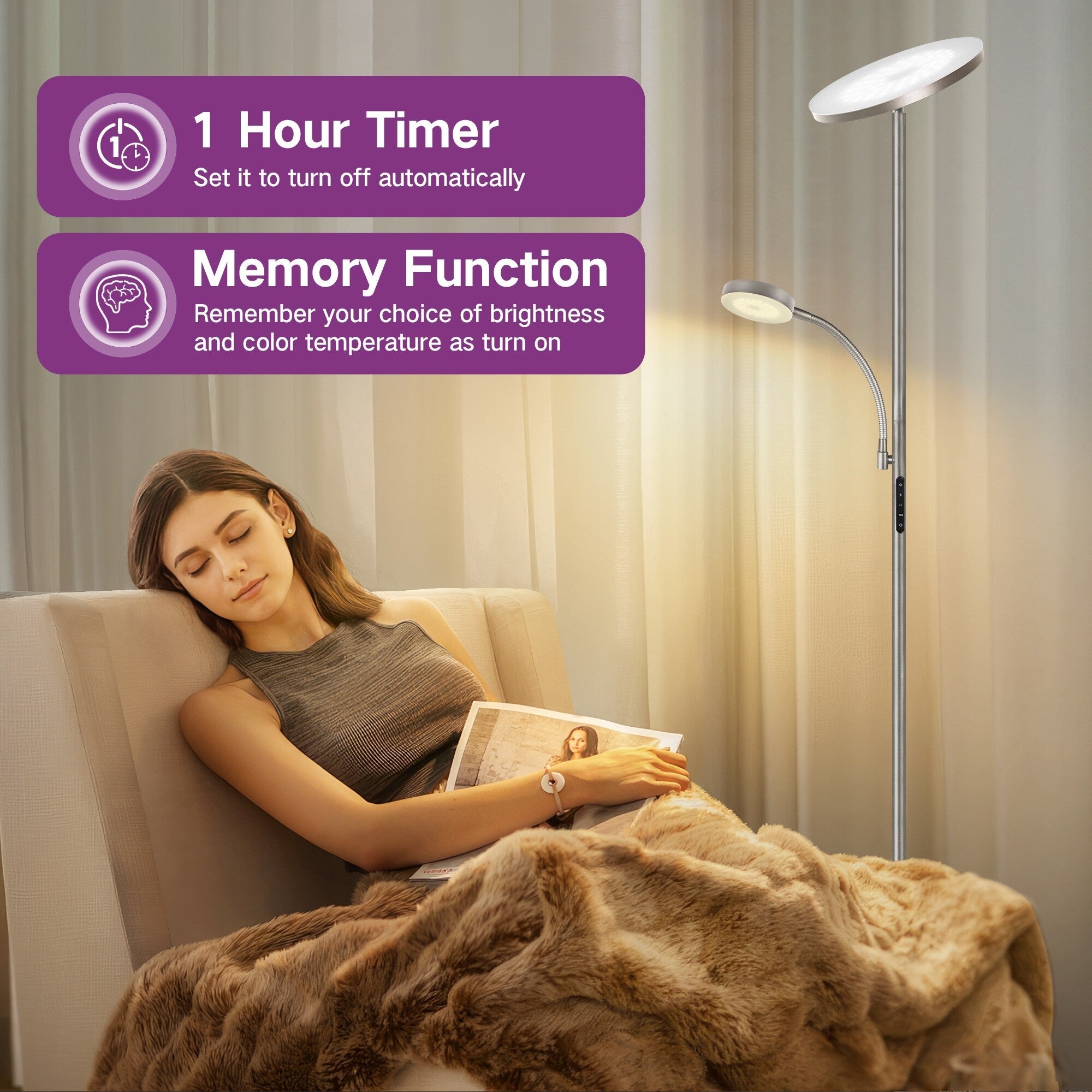 Lampadaire torche à 70 LED avec commande tactile et télécommande - N/A