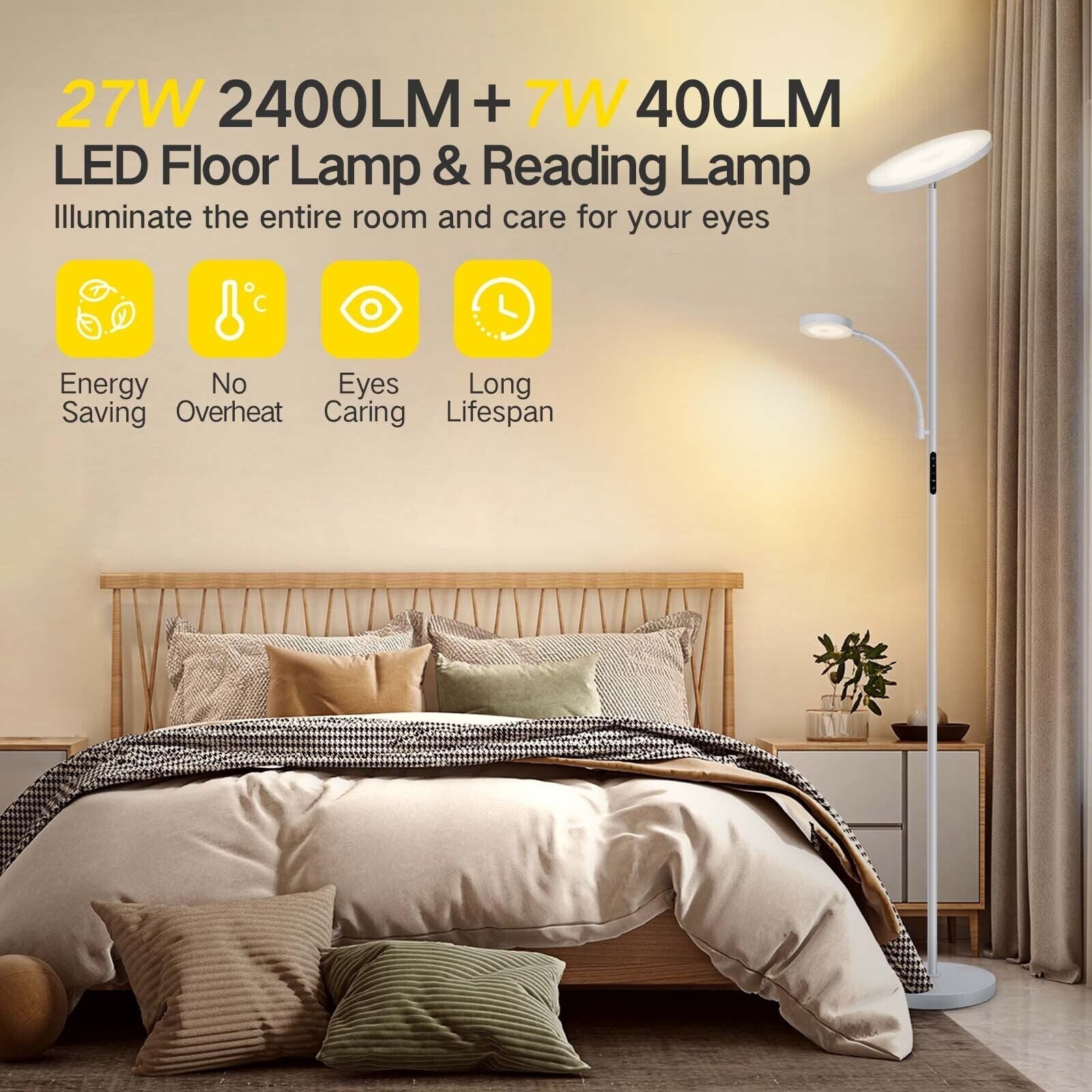 Lampadaire torche à 70 LED avec commande tactile et télécommande - N/A