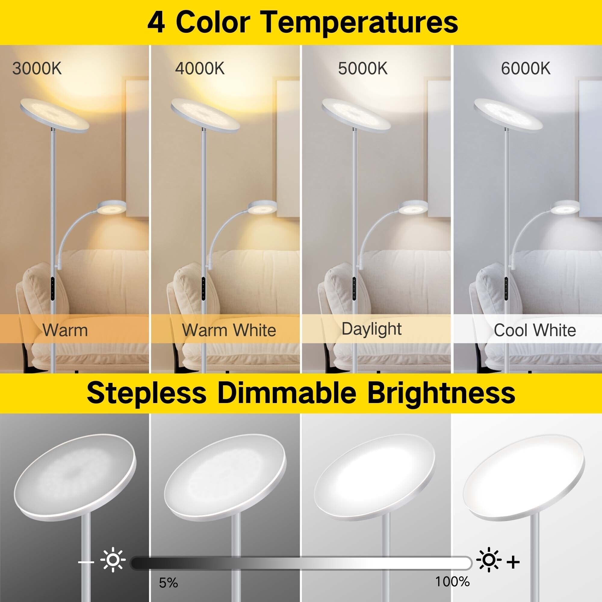 Lampadaire torche à 70 LED avec commande tactile et télécommande - N/A