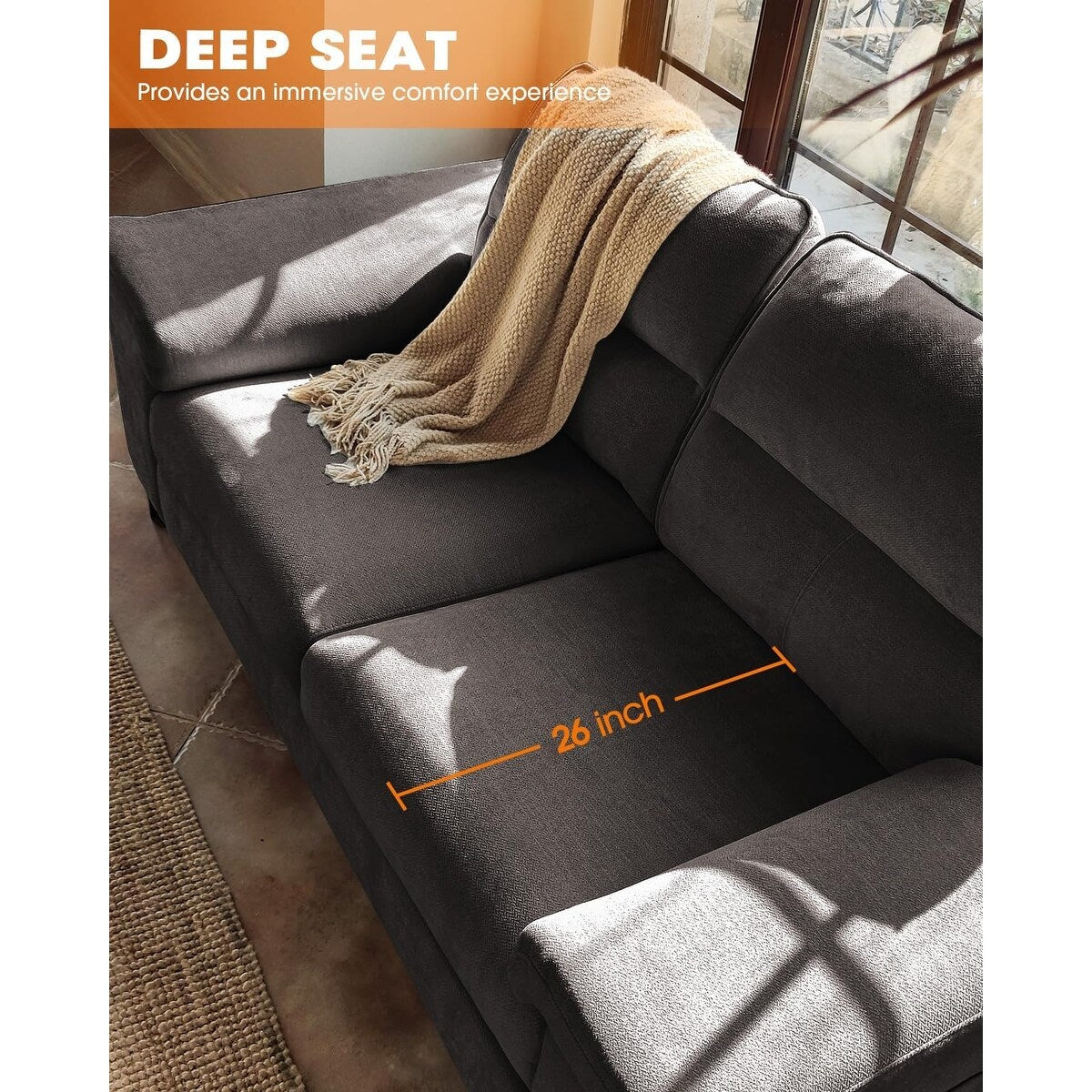 Canapé 2 places en chenille 71,25 po – Assise profonde avec coussin 8 places, accoudoir convertible et housse amovible