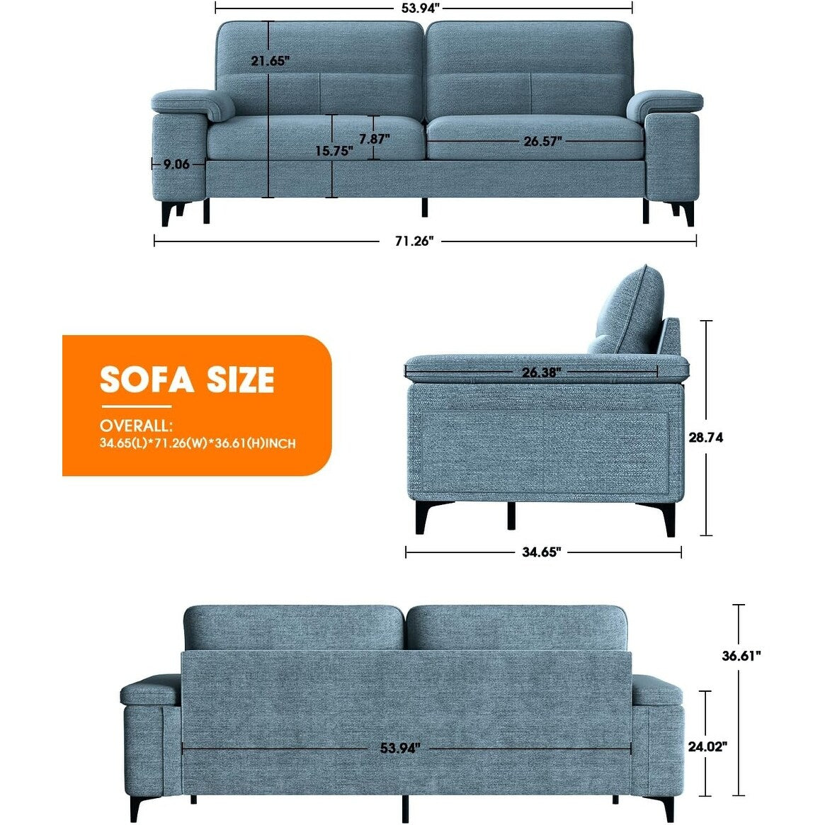 Canapé 2 places en chenille 71,25 po – Assise profonde avec coussin 8 places, accoudoir convertible et housse amovible