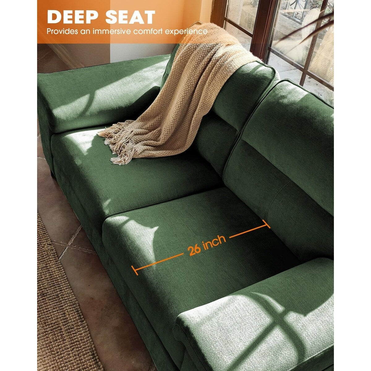 Canapé 2 places en chenille 71,25 po – Assise profonde avec coussin 8 places, accoudoir convertible et housse amovible