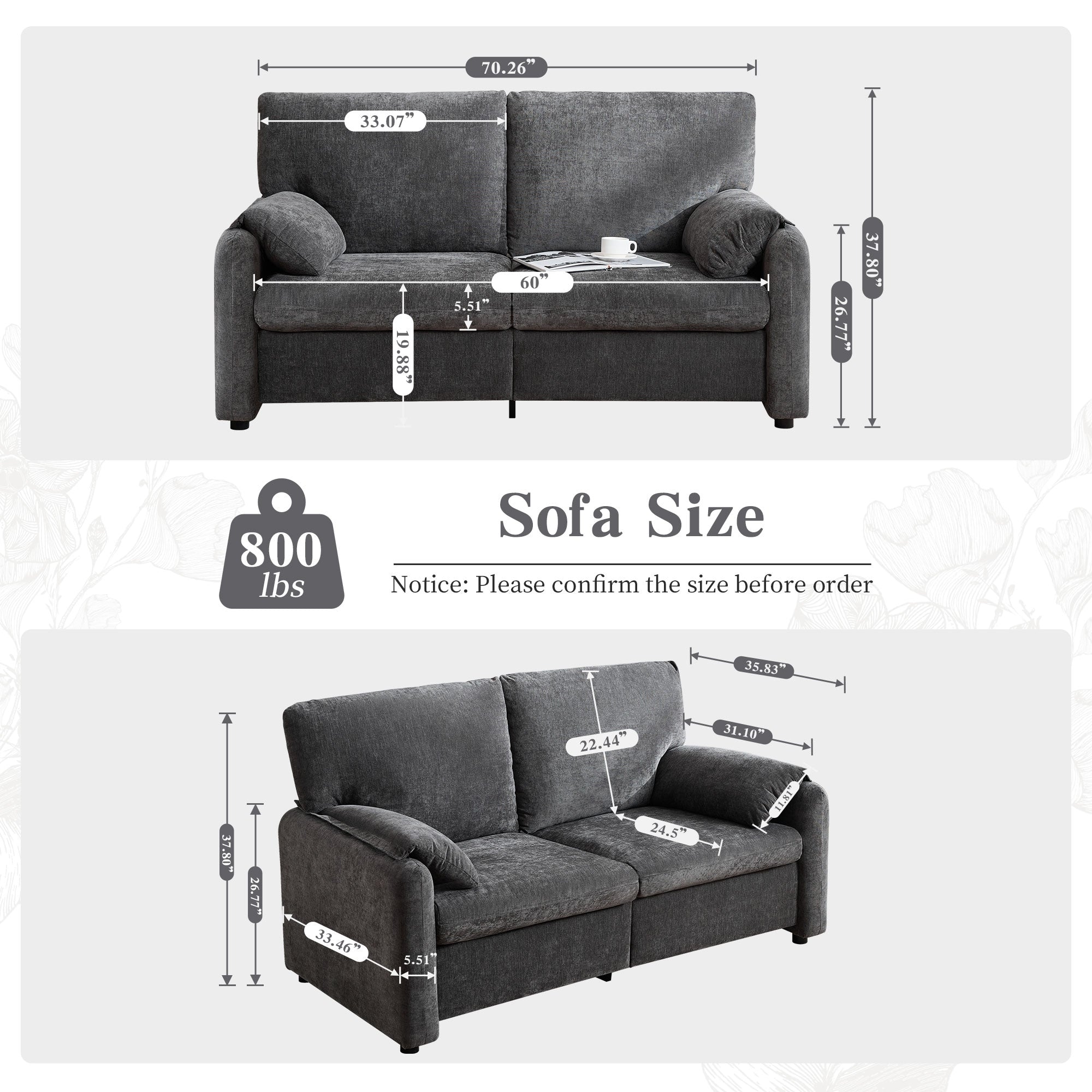 Canapé 2 places en chenille 71,28 pouces, confort nuageux avec éponge haute résilience, design minimaliste moderne