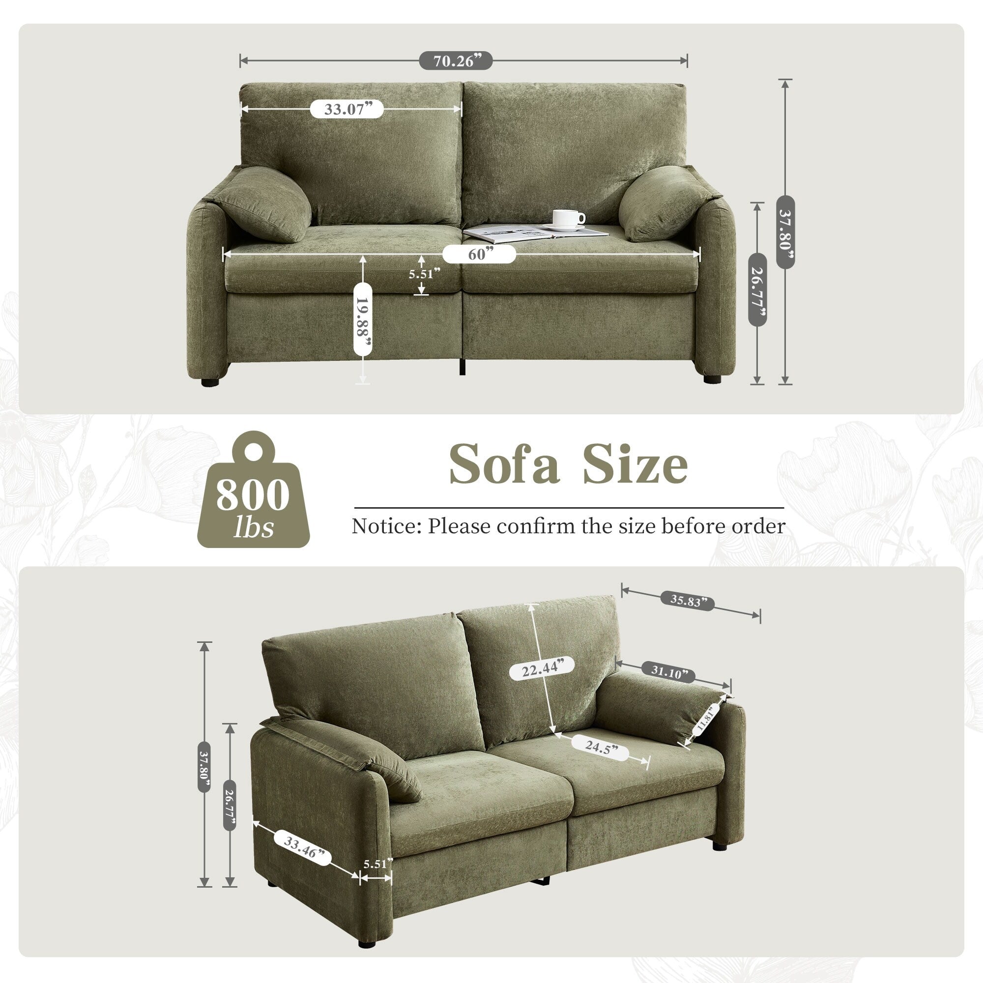 Canapé 2 places en chenille 71,28 pouces, confort nuageux avec éponge haute résilience, design minimaliste moderne