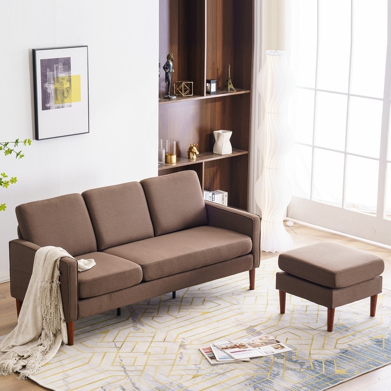 Canapé d'intérieur modulaire 3 places avec accoudoirs en lin de 71,65 po de largeur et pédales Concubine, beige