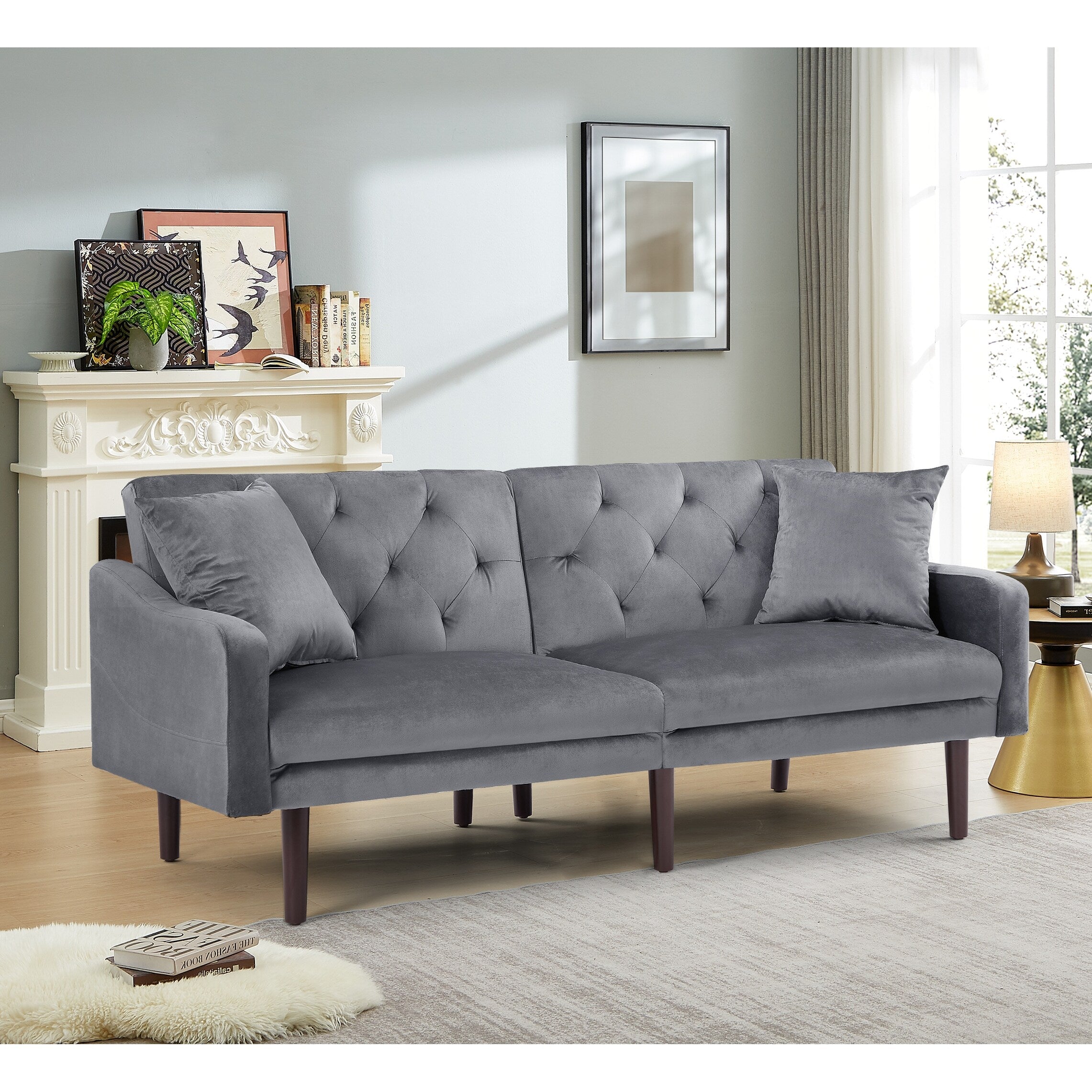 Canapé-lit 3 places en velours avec deux coussins décoratifs et cadre en bois massif pour le salon