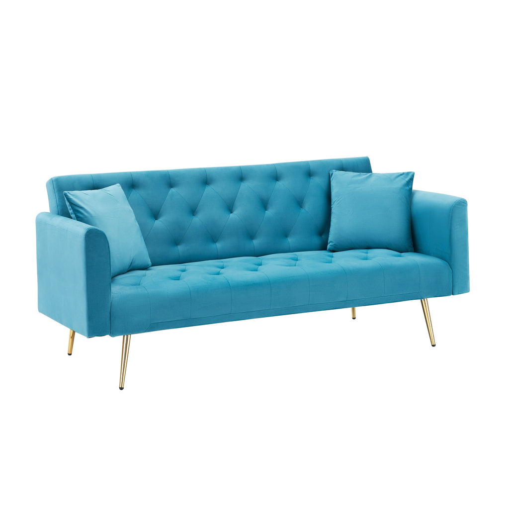 Canapé convertible 3 places en velours avec deux coussins décoratifs et pieds en métal pour le salon