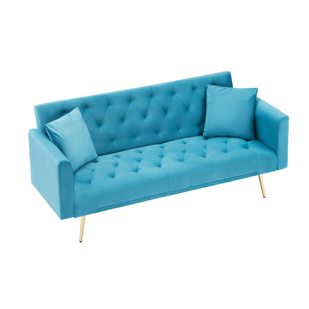 Canapé convertible 3 places en velours avec deux coussins décoratifs et pieds en métal pour le salon