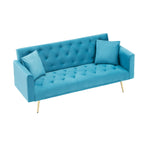 Canapé convertible 3 places en velours avec deux coussins décoratifs et pieds en métal pour le salon