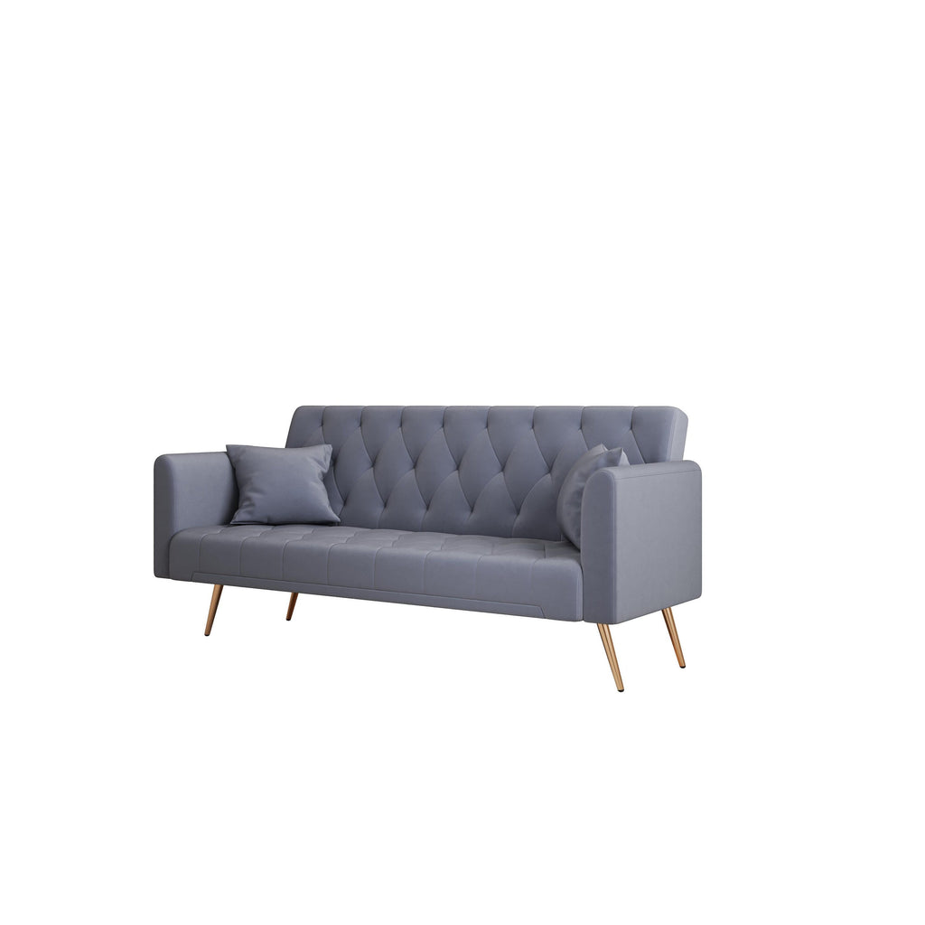 Canapé convertible 3 places en velours avec deux coussins décoratifs et pieds en métal pour le salon