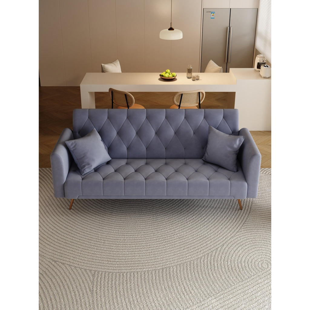 Canapé convertible 3 places en velours avec deux coussins décoratifs et pieds en métal pour le salon