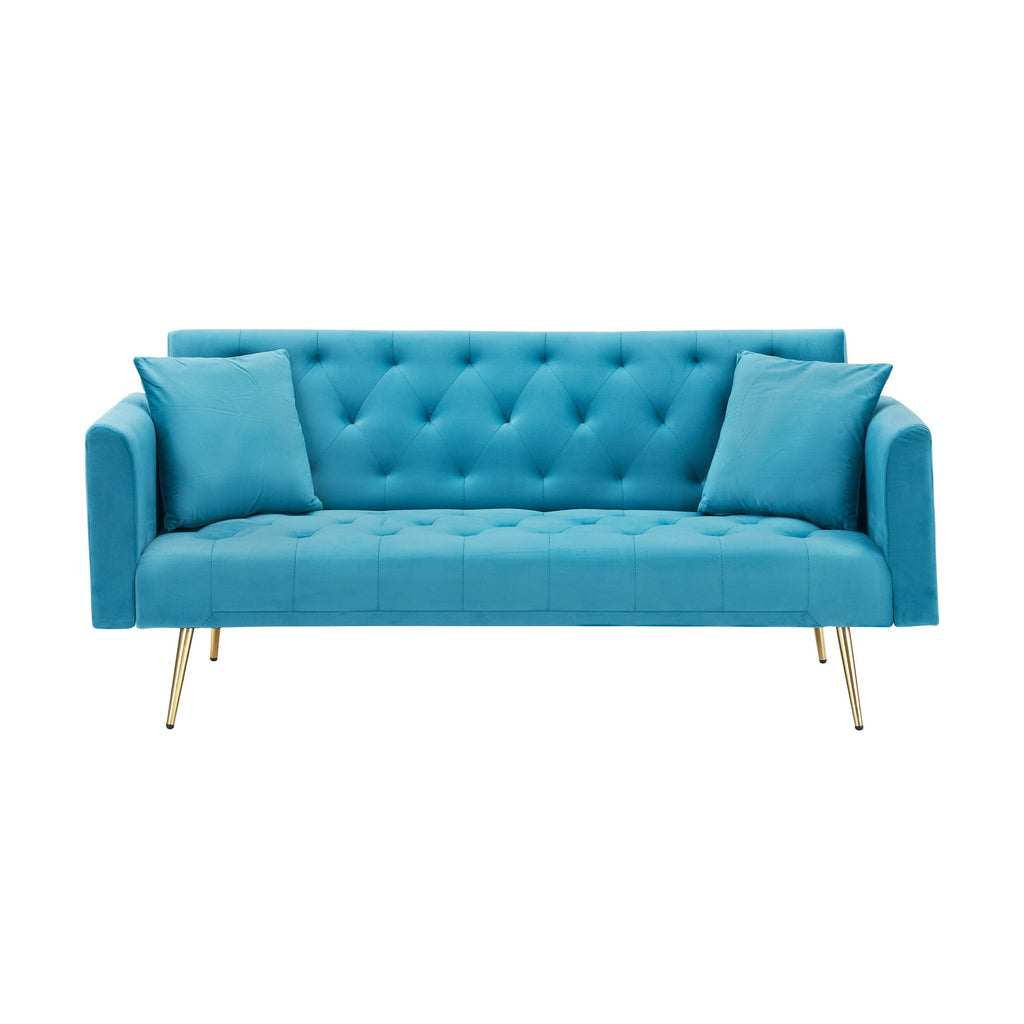 Canapé convertible 3 places en velours avec deux coussins décoratifs et pieds en métal pour le salon