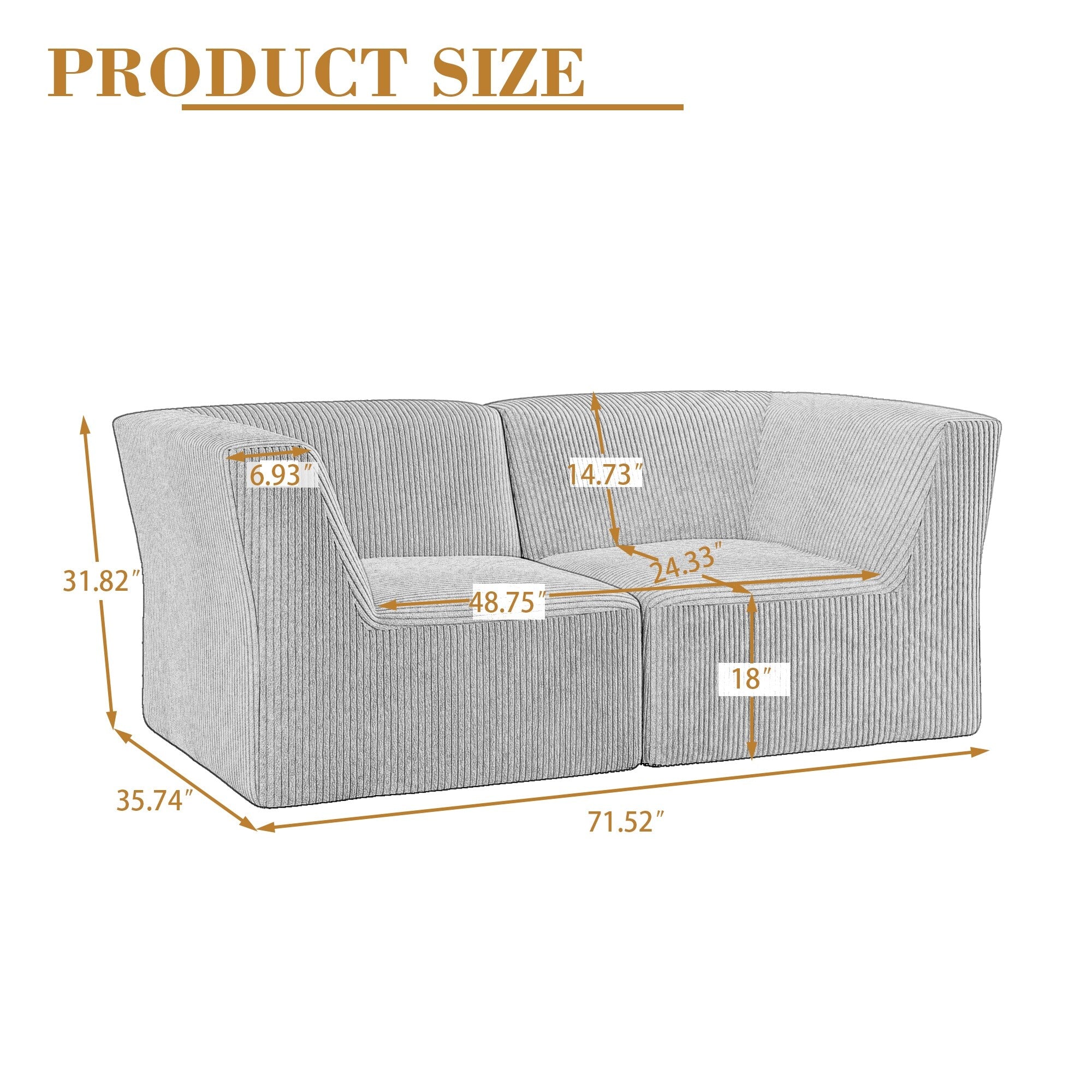 Canapé sectionnel modulaire en velours côtelé de 71 W, entièrement moulé en éponge