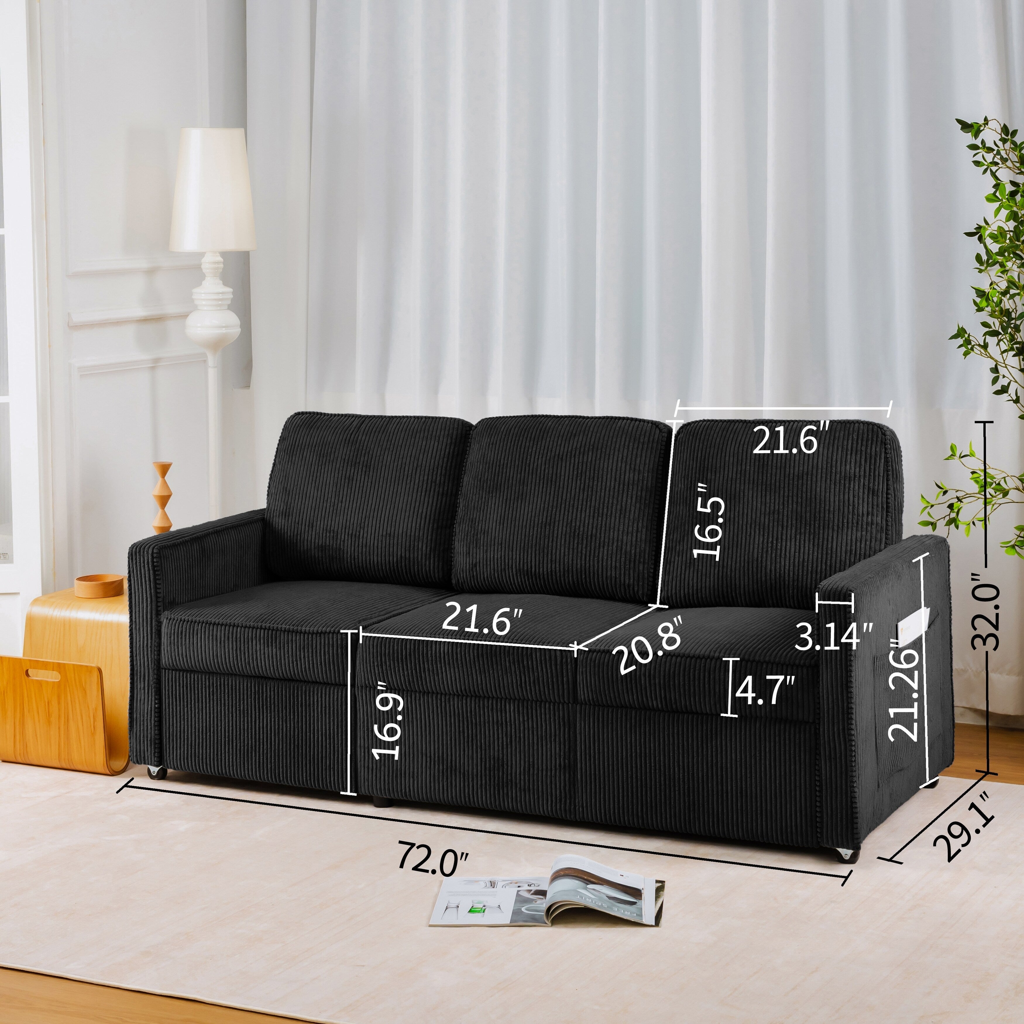 Canapé 3 places en velours côtelé 72,64 avec coussins en éponge haute densité et à ressorts