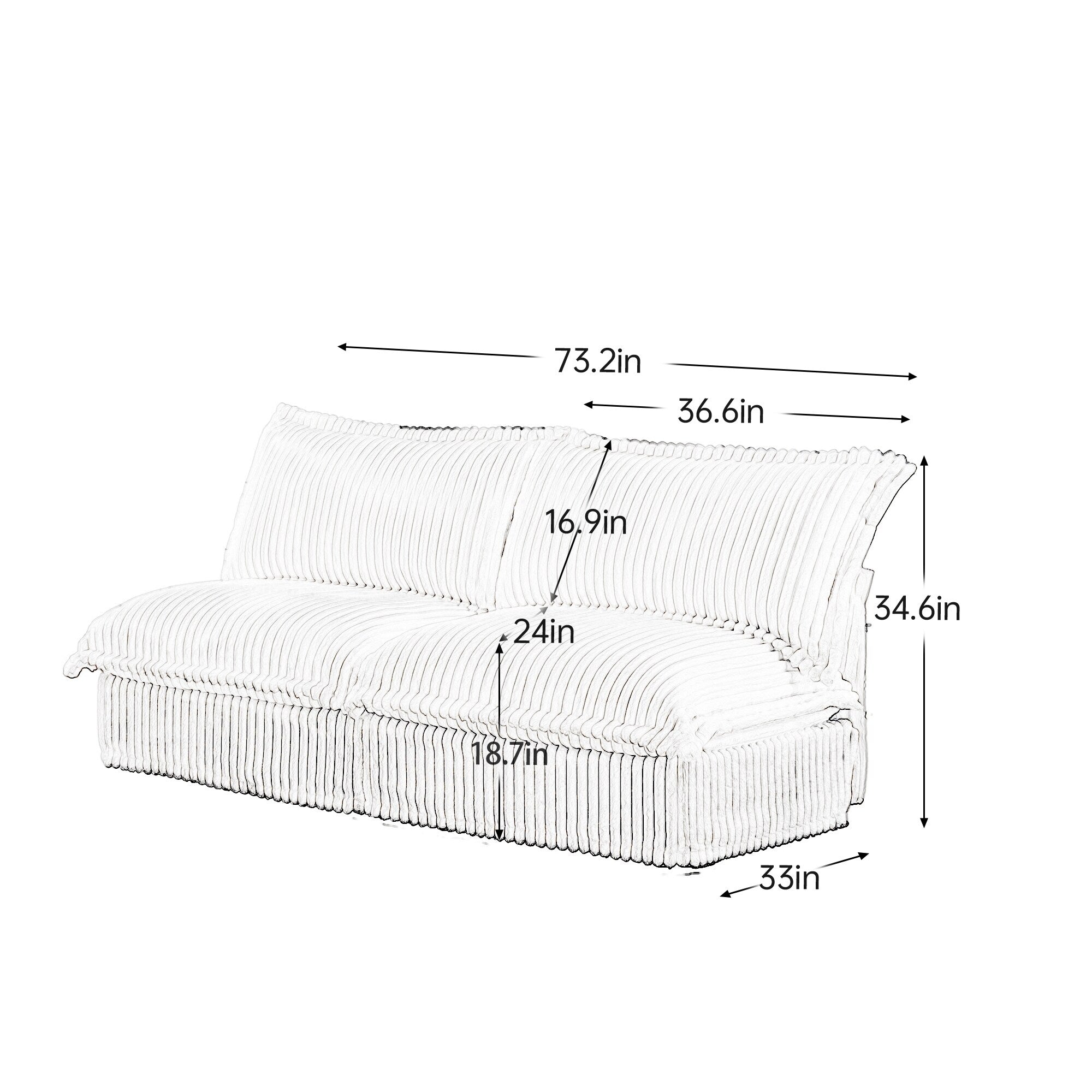 Canapé 3 places sans accoudoirs en velours côtelé 73,2 pouces profond pour salon et chambre