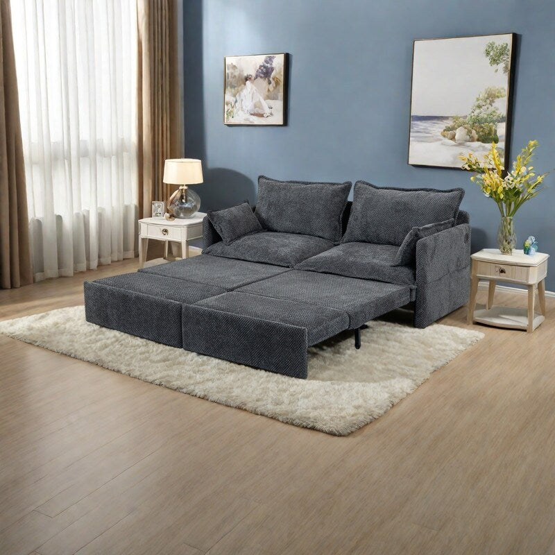 Canapé-lit convertible 3 en 1 en velours côtelé de 73,6 po avec lit gigogne, ports de chargement USB et rangement latéral