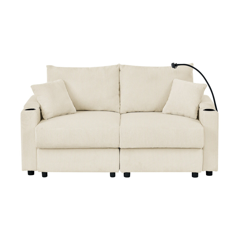 Canapé 2 places moderne en velours côtelé 73, assise profonde avec porte-gobelets et support pour téléphone