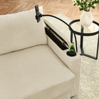 Canapé 2 places moderne en velours côtelé 73, assise profonde avec porte-gobelets et support pour téléphone