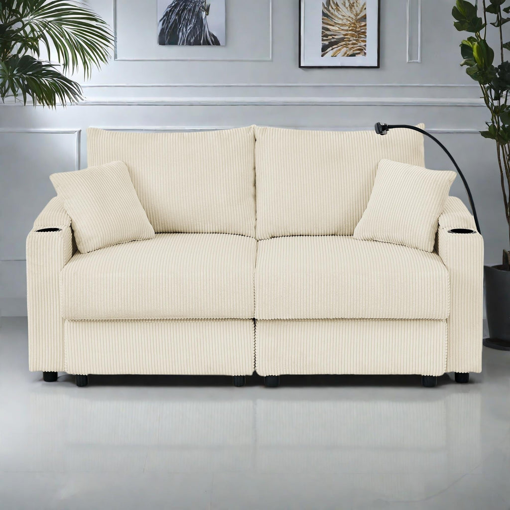 Canapé 2 places moderne en velours côtelé 73, assise profonde avec porte-gobelets et support pour téléphone