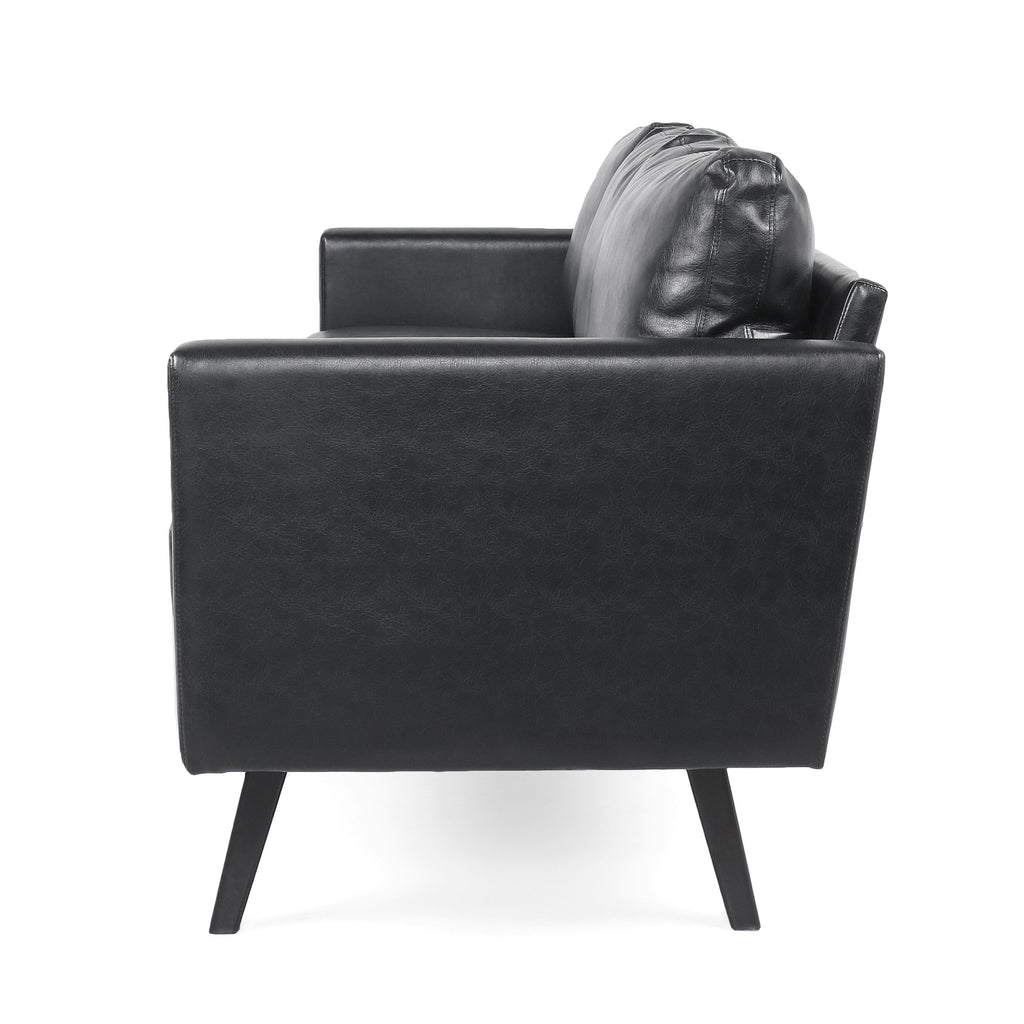 Canapé 74 pouces, revêtement en similicuir noir, coussiné, accoudoirs carrés rétro