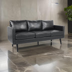 Canapé 74 pouces, revêtement en similicuir noir, coussiné, accoudoirs carrés rétro