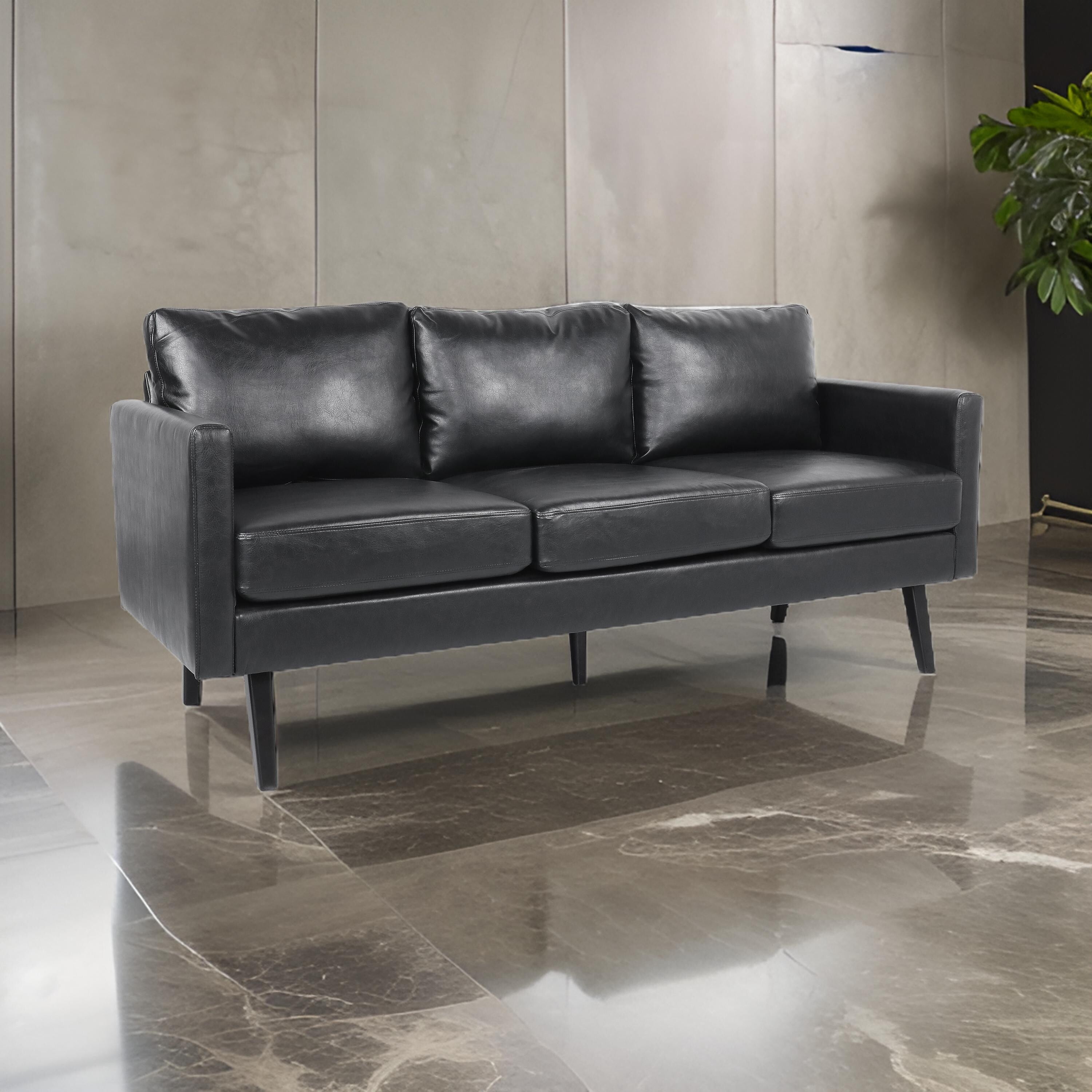 Canapé 74 pouces, revêtement en similicuir noir, coussiné, accoudoirs carrés rétro