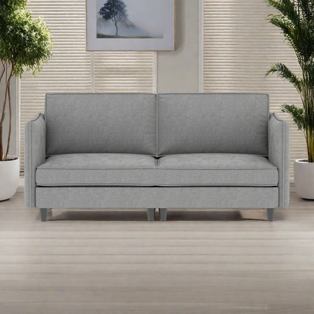 Canapé 3 places en tissu avec ressorts ensachés et structure en bois massif, poches de rangement latérales.