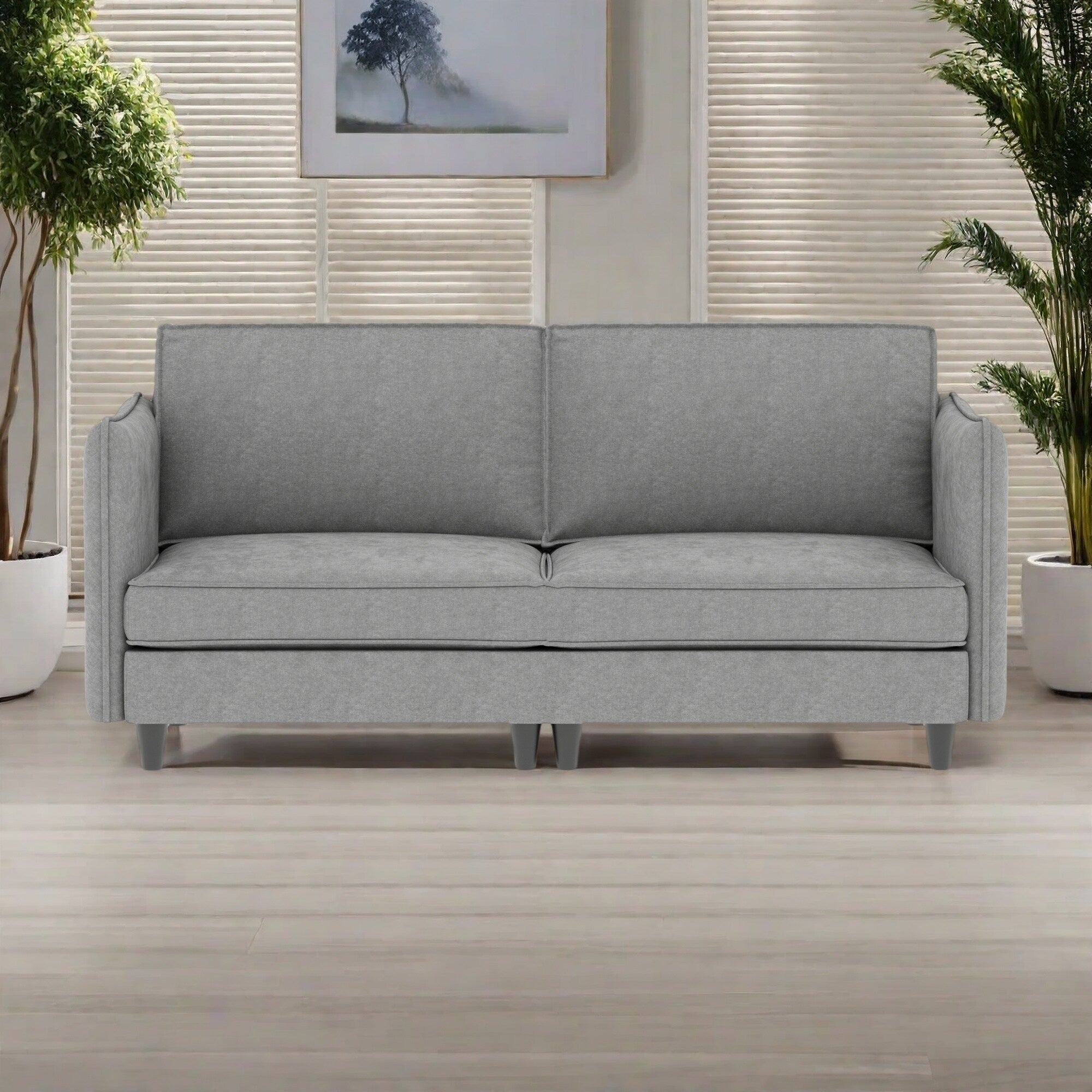 Canapé 3 places en tissu avec ressorts ensachés et structure en bois massif, poches de rangement latérales.